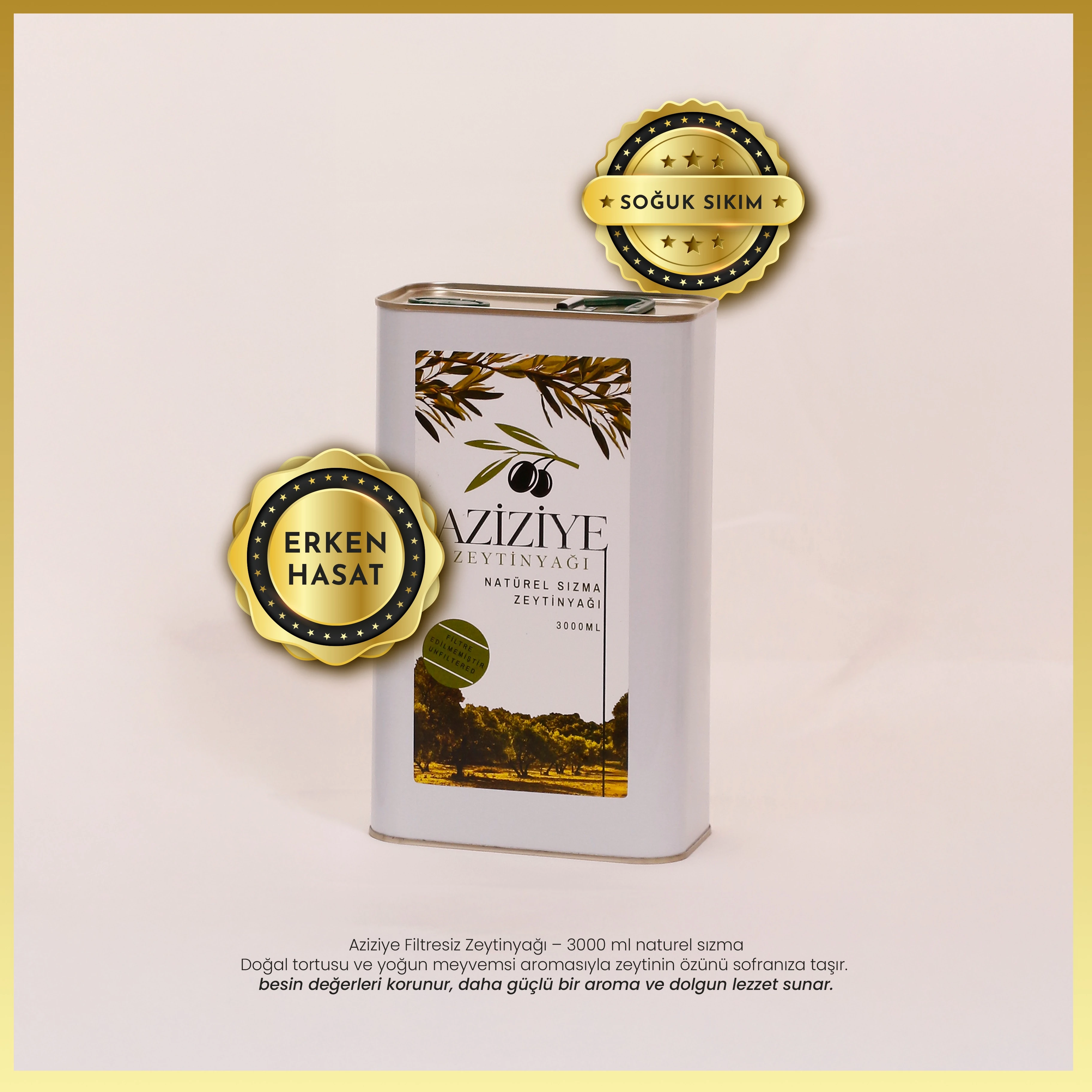 Aziziye Erken Hasat Soğuk Sıkım Natürel Sızma Zeytinyağı 3Lt
