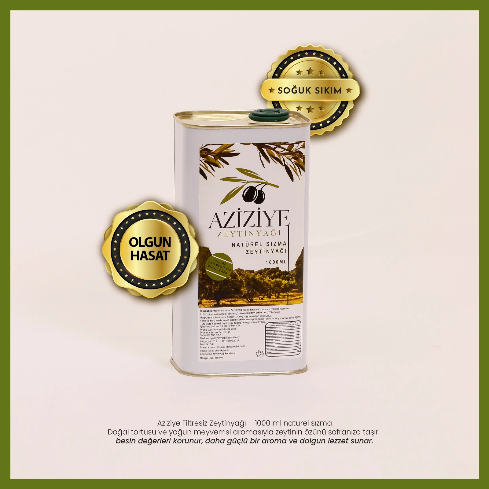 Aziziye Olgun Hasat Soğuk Sıkım Natürel Sızma Zeytinyağı 1Lt