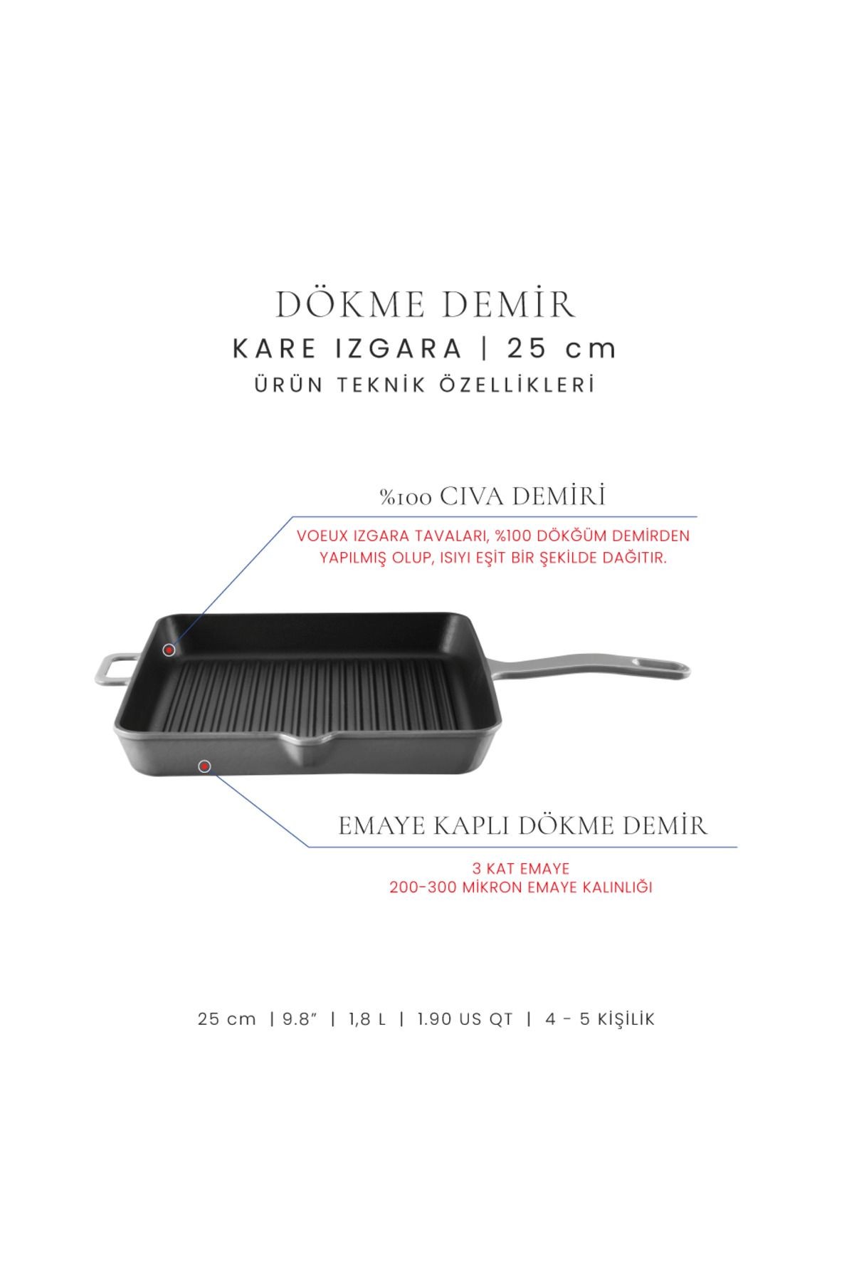 Voeux Gracieuse Döküm Kare Izgara Tava 25Cm