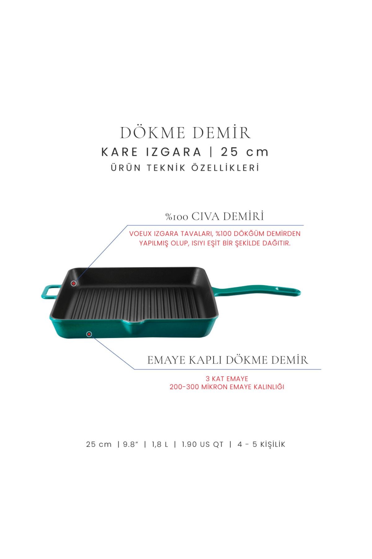 Voeux Profond Döküm Kare Izgara Tava 25Cm