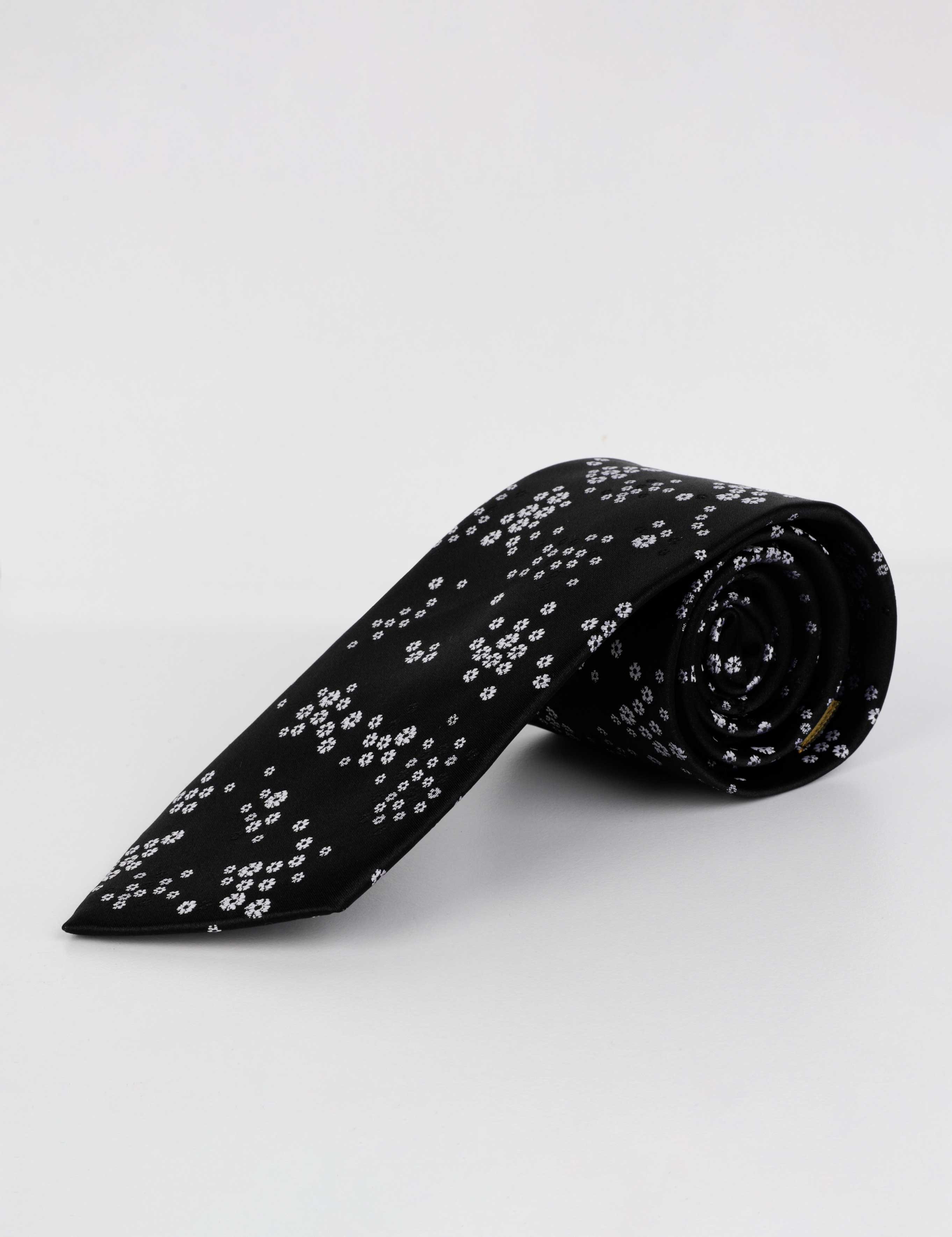 Pierro Butti Beyaz Çiçek Desenli Siyah Kravat - %100 Yerli Üretim