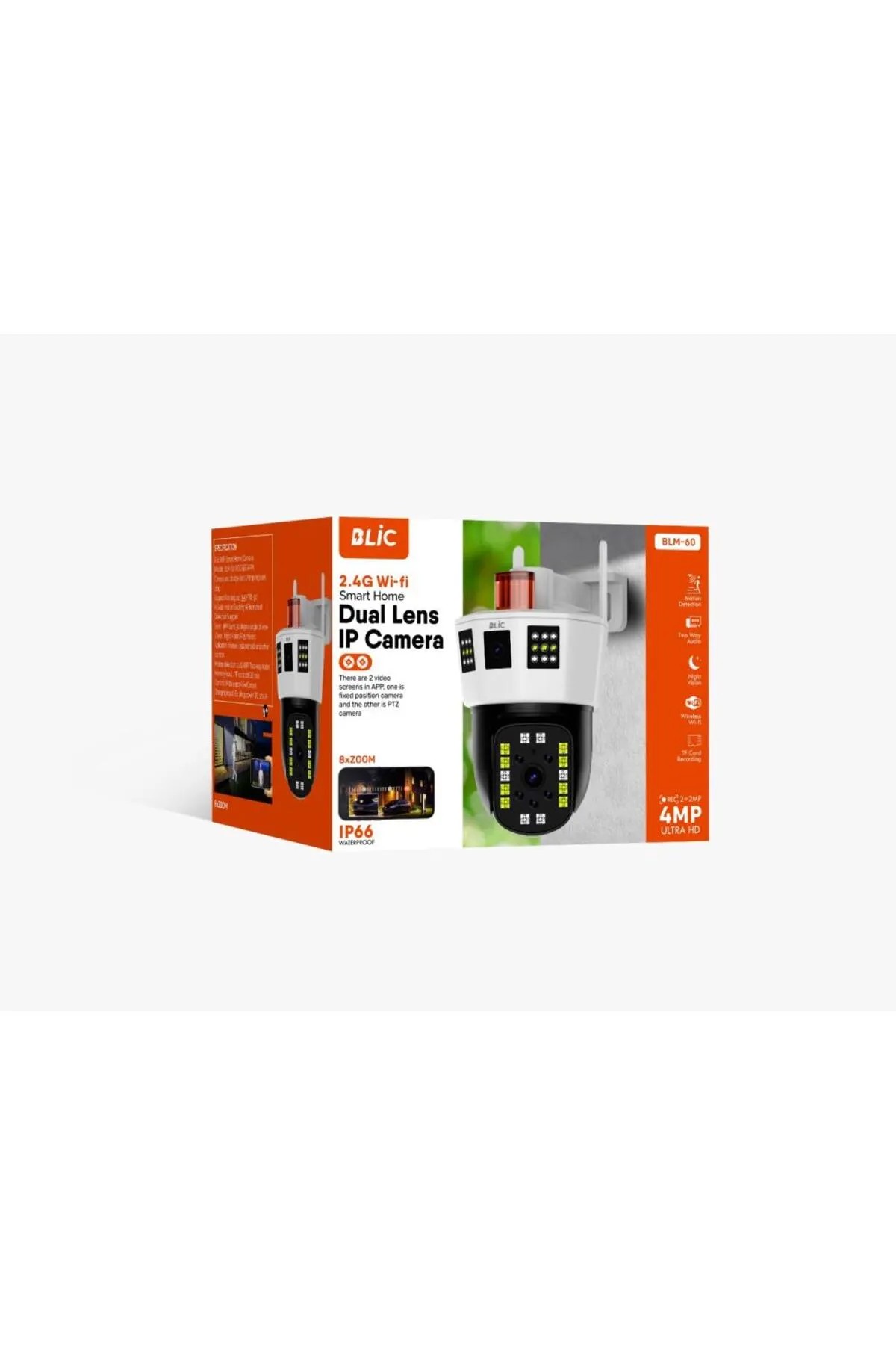 BLM-60 4K Dual Lens Ultra HD 4MP Wi-Fi IP Kamera | Dış Mekan, Hareket Sensörlü, Akıllı Ev Güvenlik Sistemi