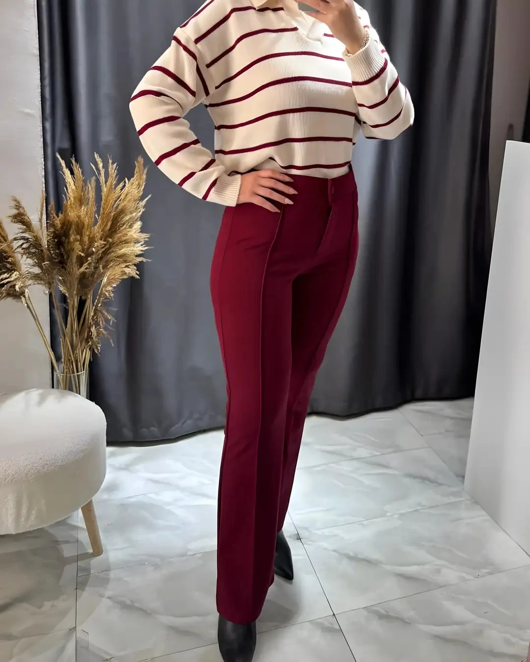 Bordo Crep Çimalı Yüksek Bel Pantolon