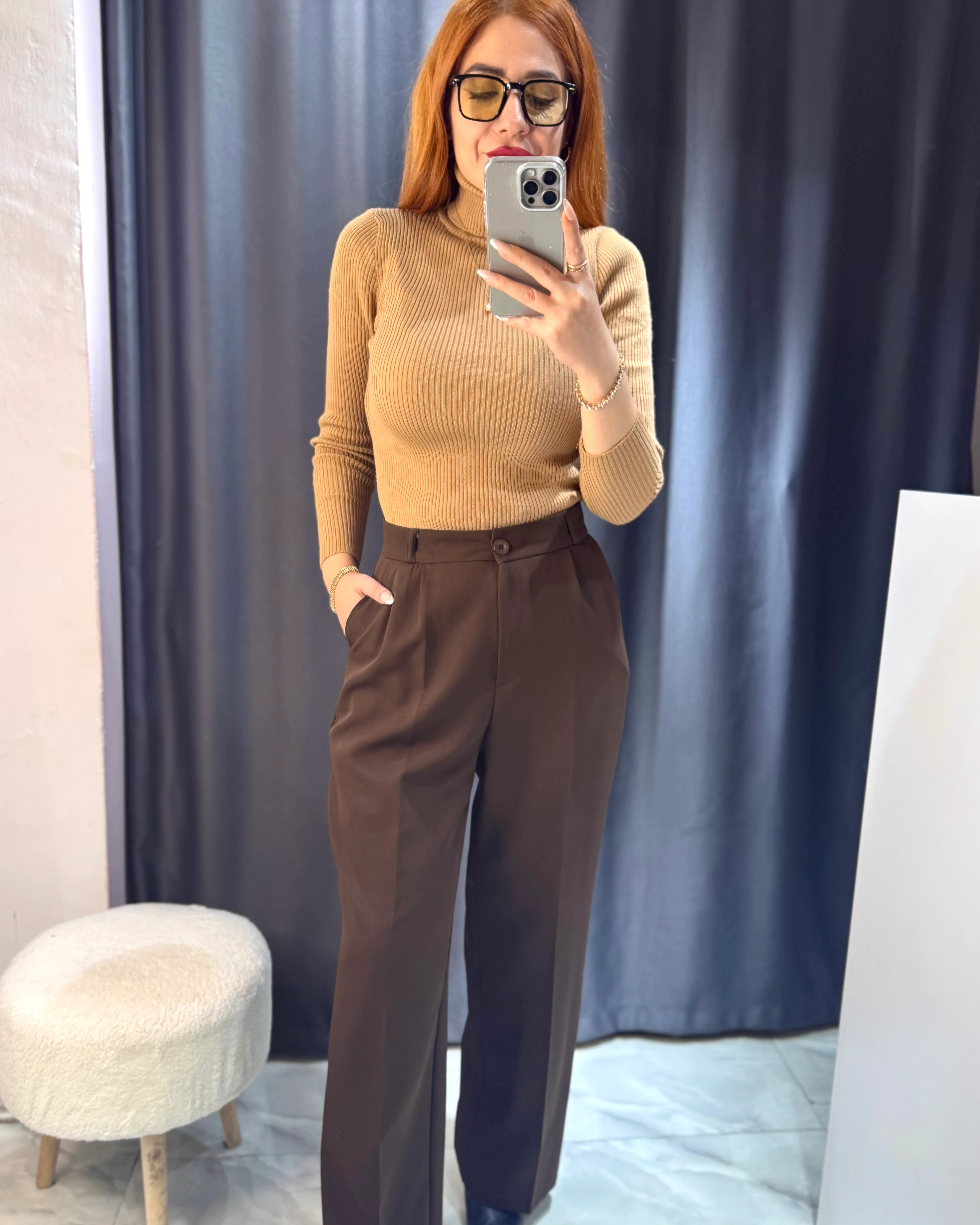 Kahverengi Beli Lastikli Palazzo Pantolon