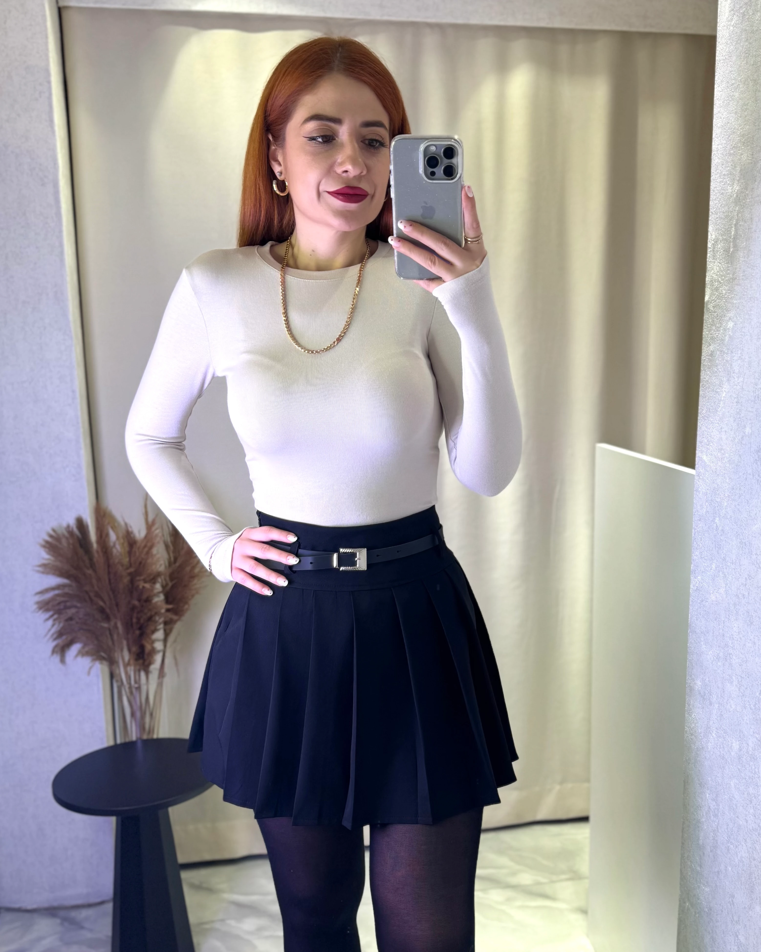 Full Pilili Kemerli Astarı Şortlu Mini Etek