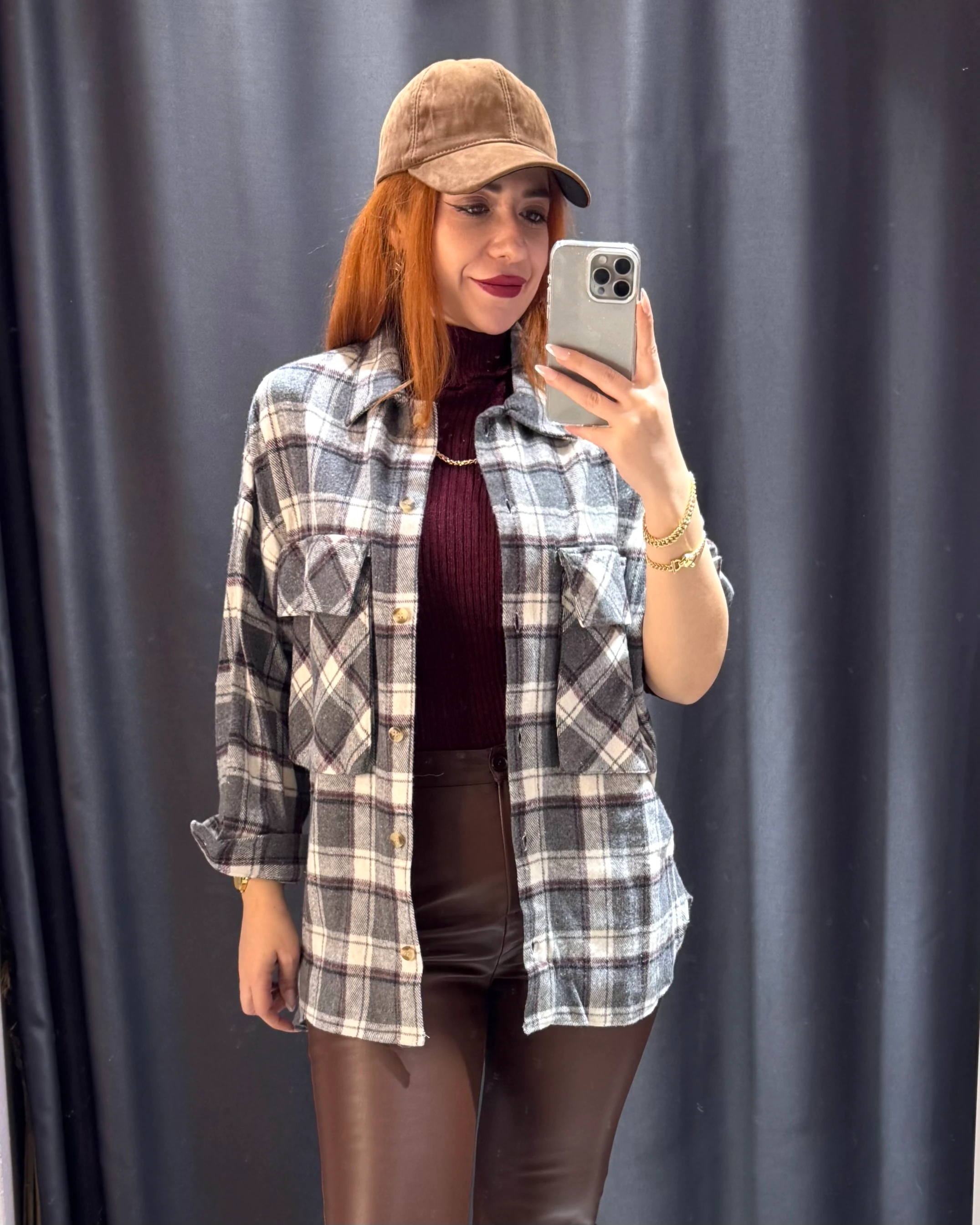 Ekose Oversize Gömlek Ceket - gri