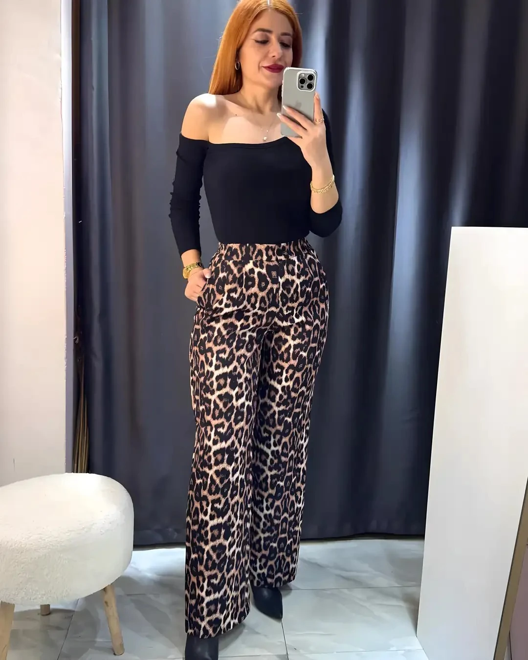 Leopar Desen Beli Lastikli Palazzo Pantolon