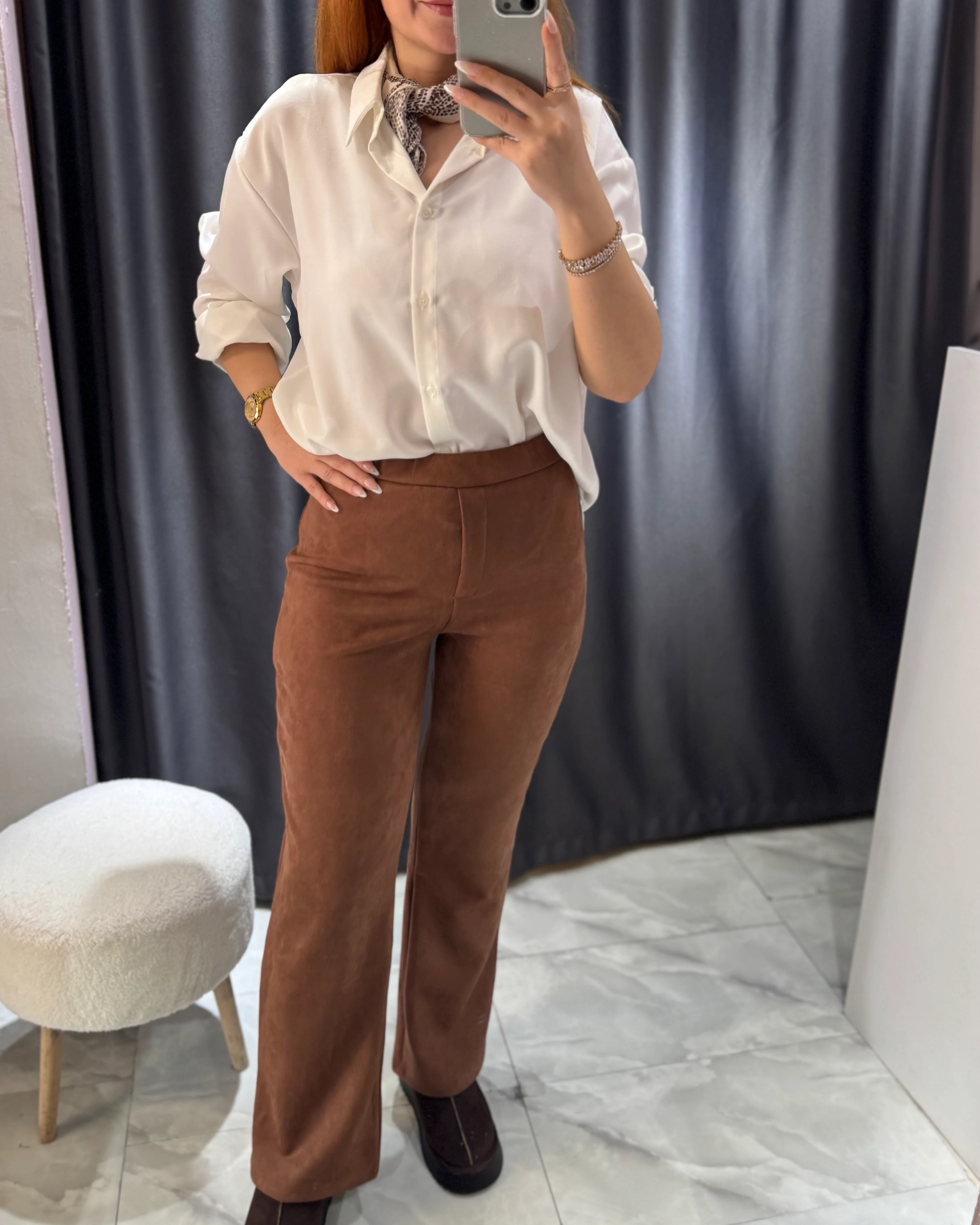 Kahverengi Süet Yandan Fermuarlı Pantolon