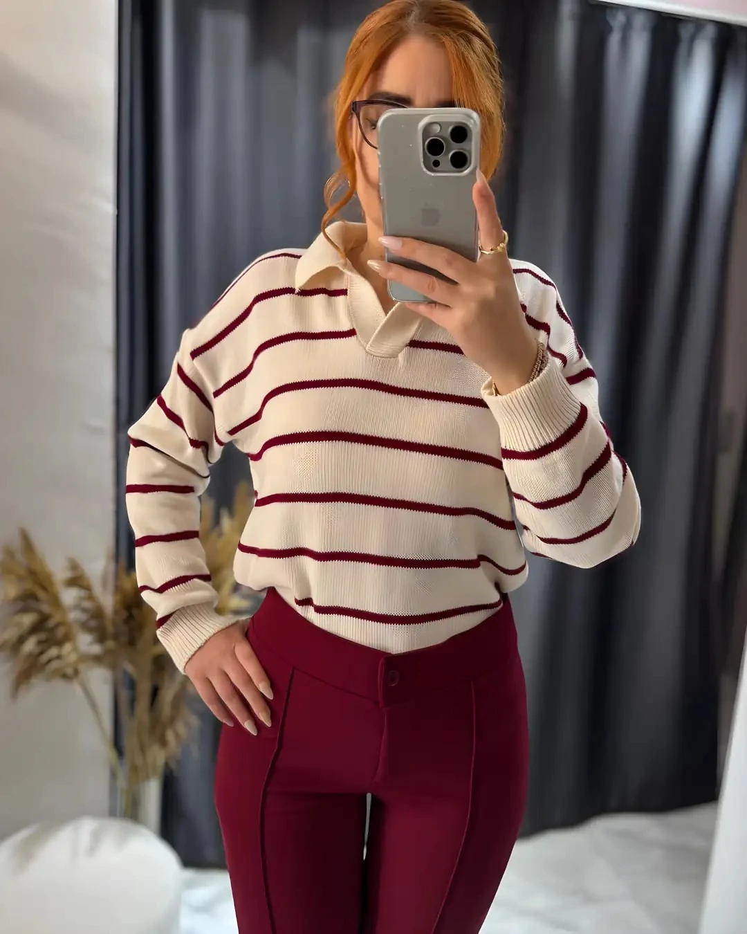 Bordo Crep Çimalı Yüksek Bel Pantolon