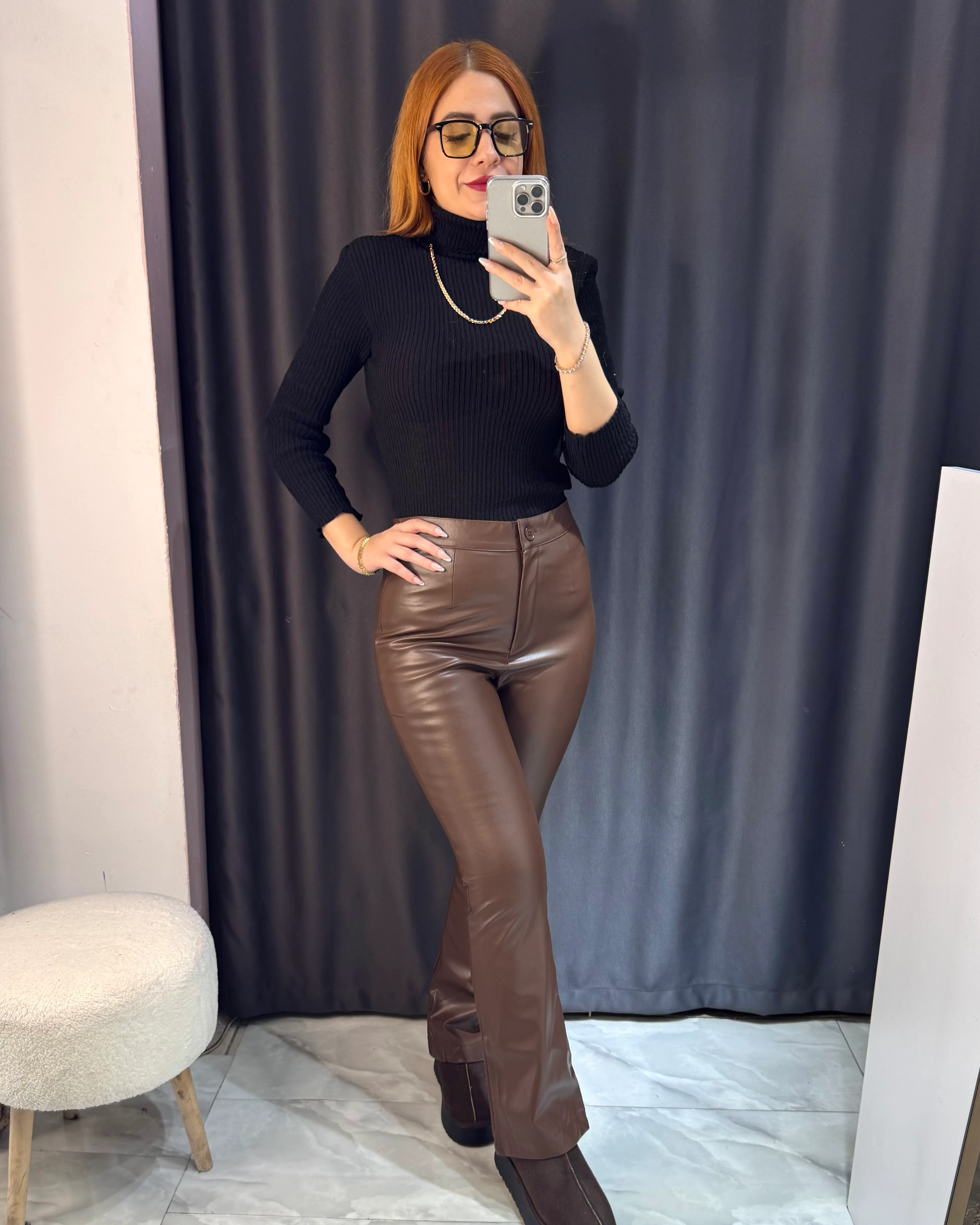 İçi Şardonlu Deri Görünümlü İspanyol Paça Pantolon - kahverengi