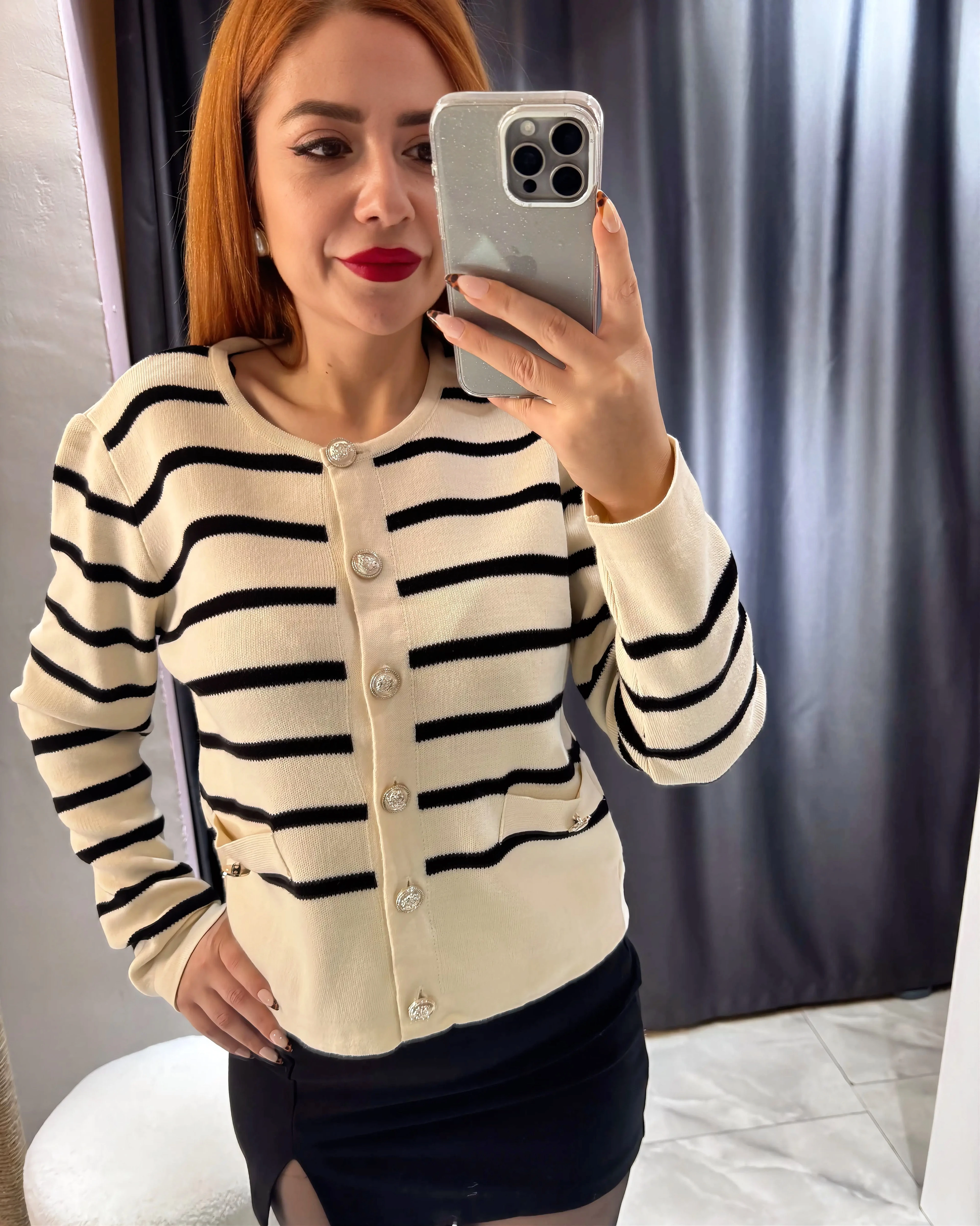 Çizgili Düğmeli Çelik Triko Hırka