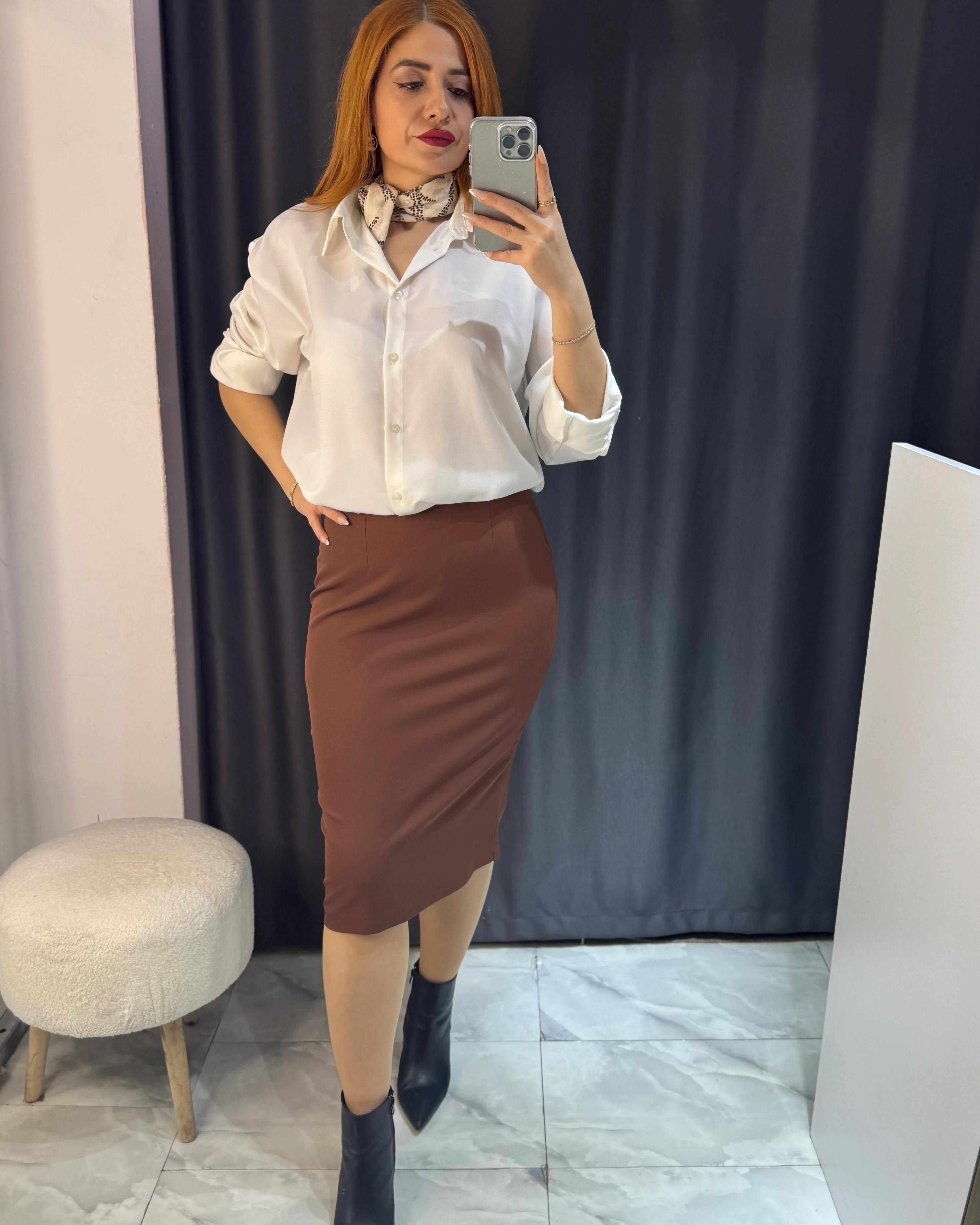 Yüksek Bel Kalem Etek - kahverengi