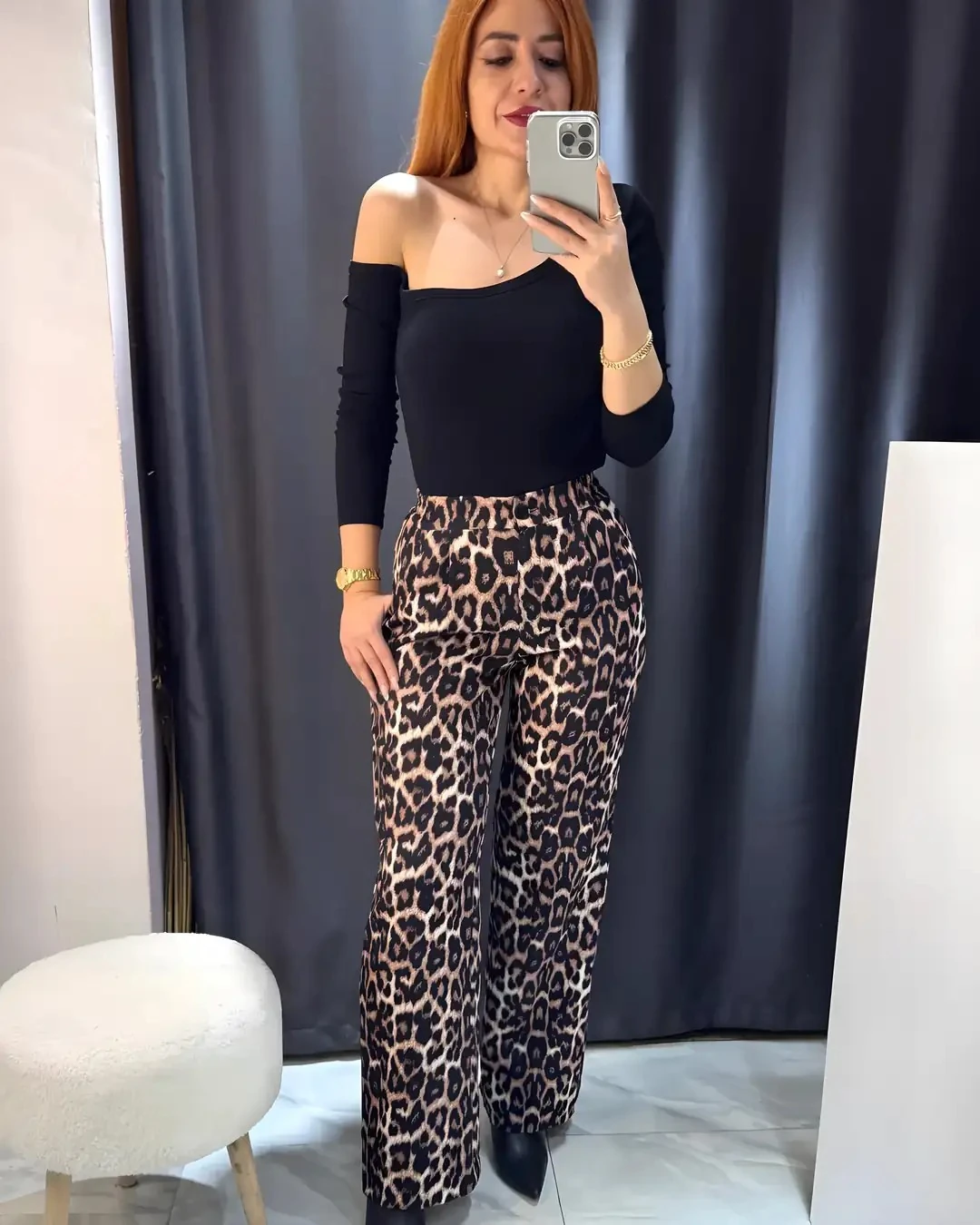 Leopar Desen Beli Lastikli Palazzo Pantolon