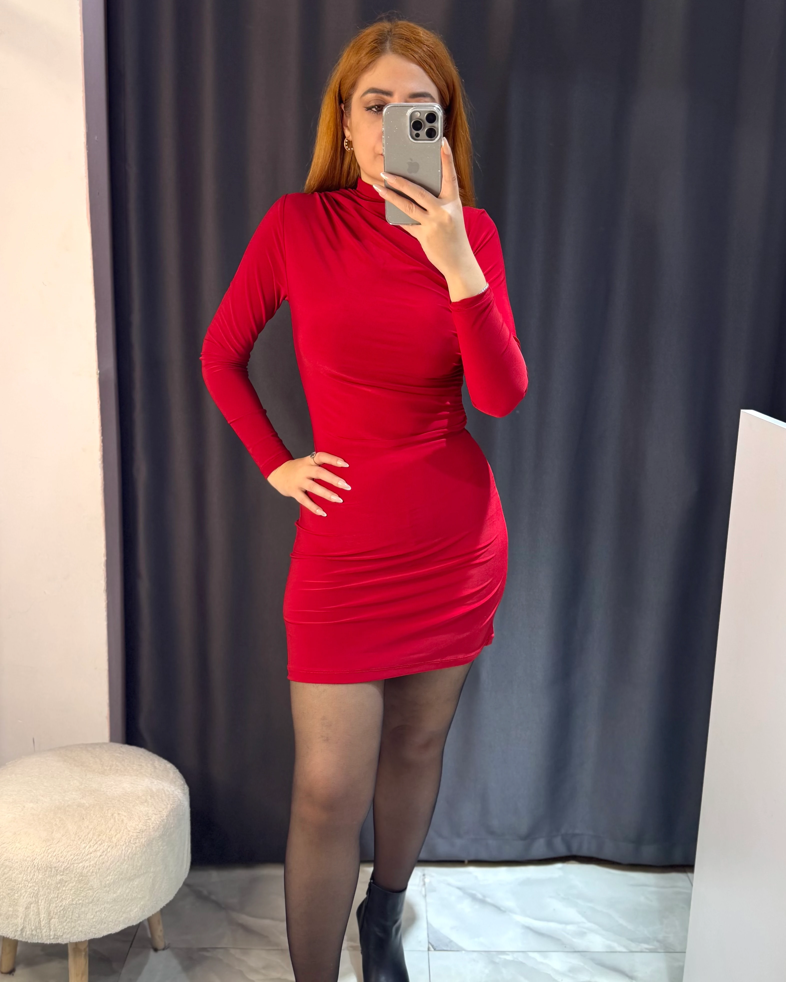 Drapeli Uzun Kollu Mini Elbise