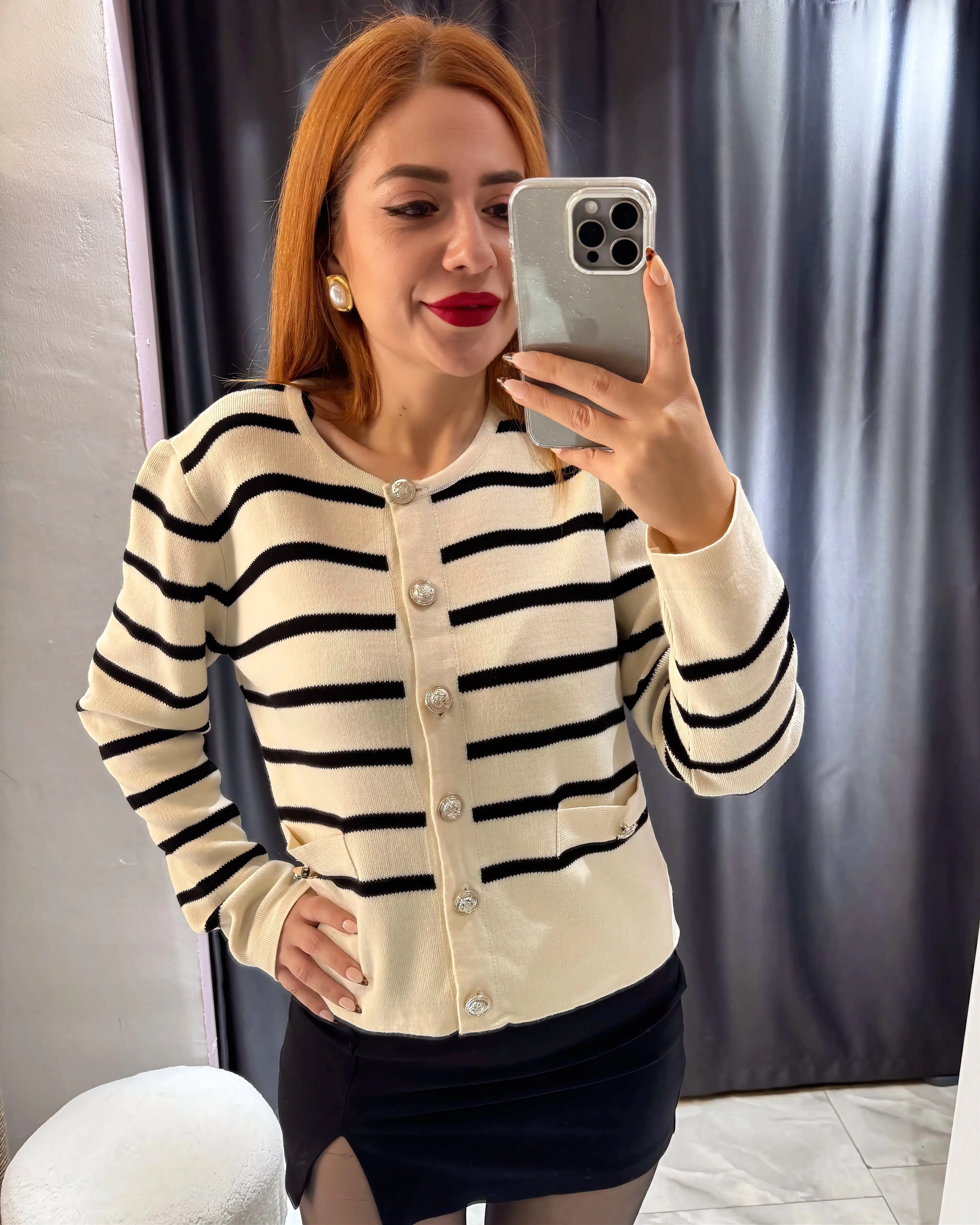 Çizgili Düğmeli Çelik Triko Hırka