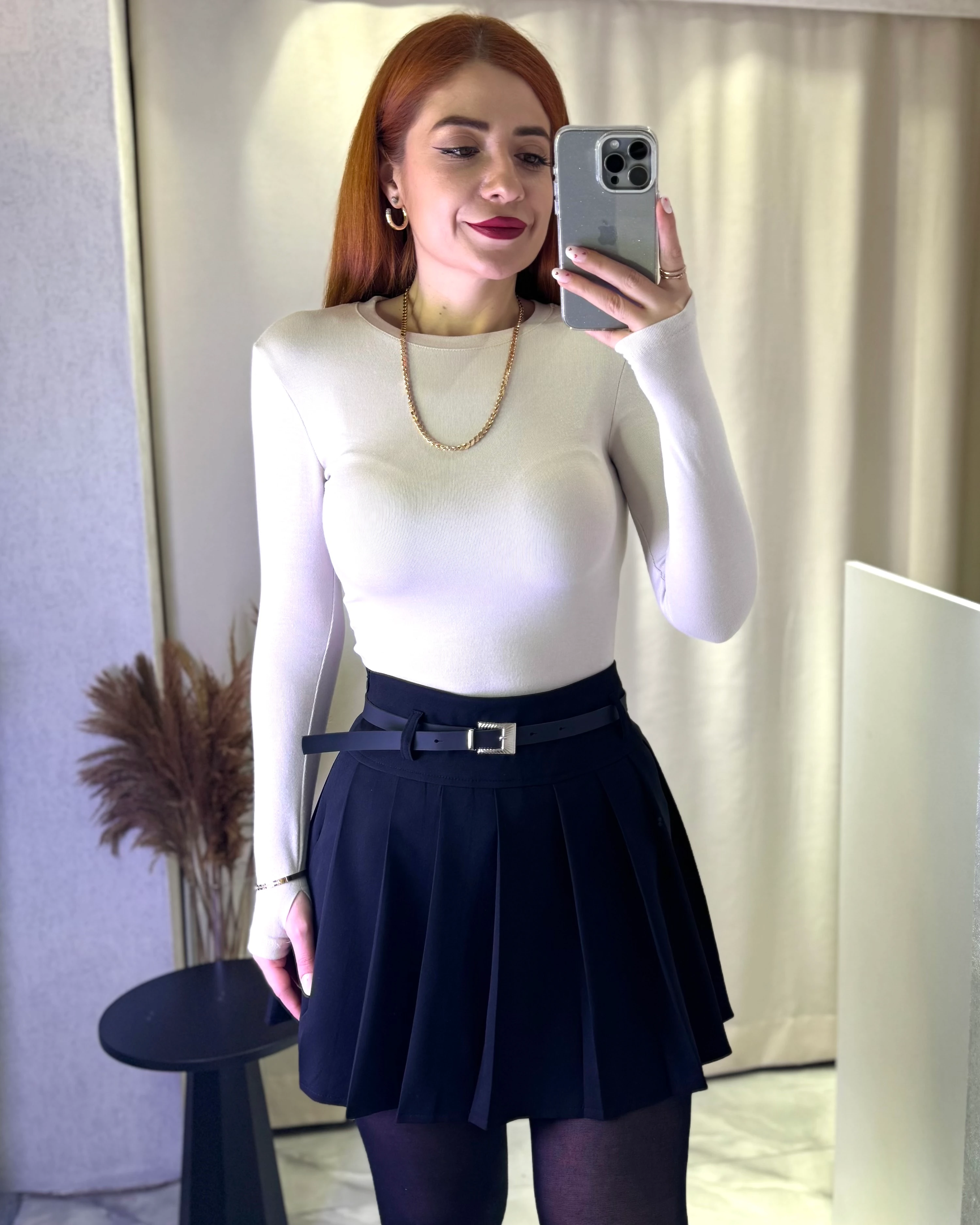 Full Pilili Kemerli Astarı Şortlu Mini Etek