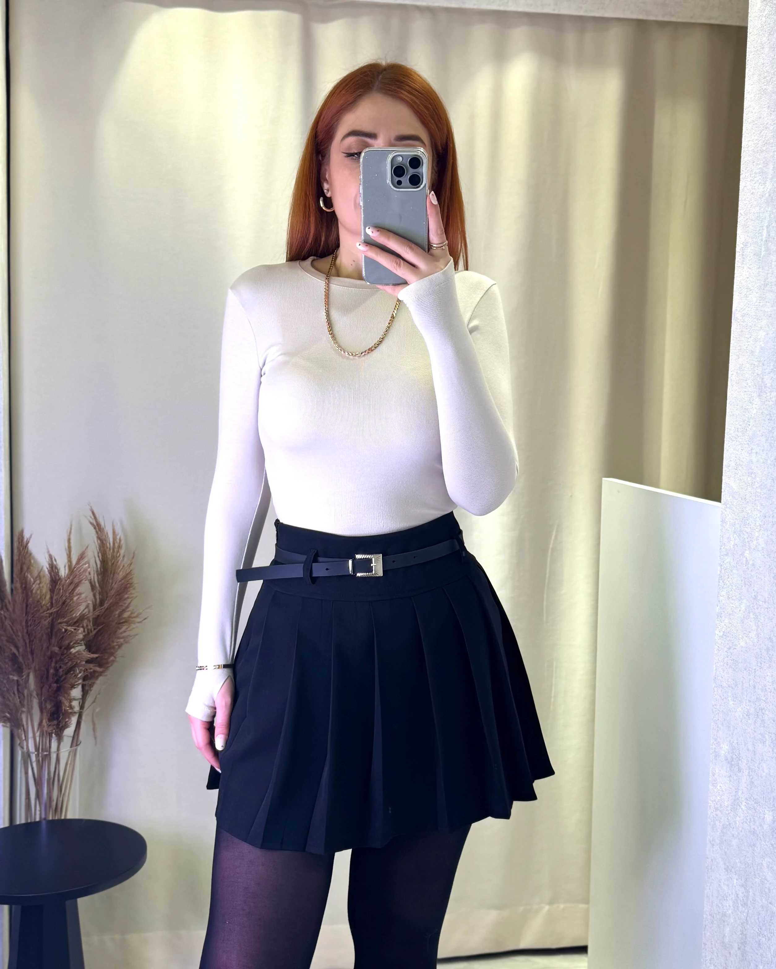 Full Pilili Kemerli Astarı Şortlu Mini Etek