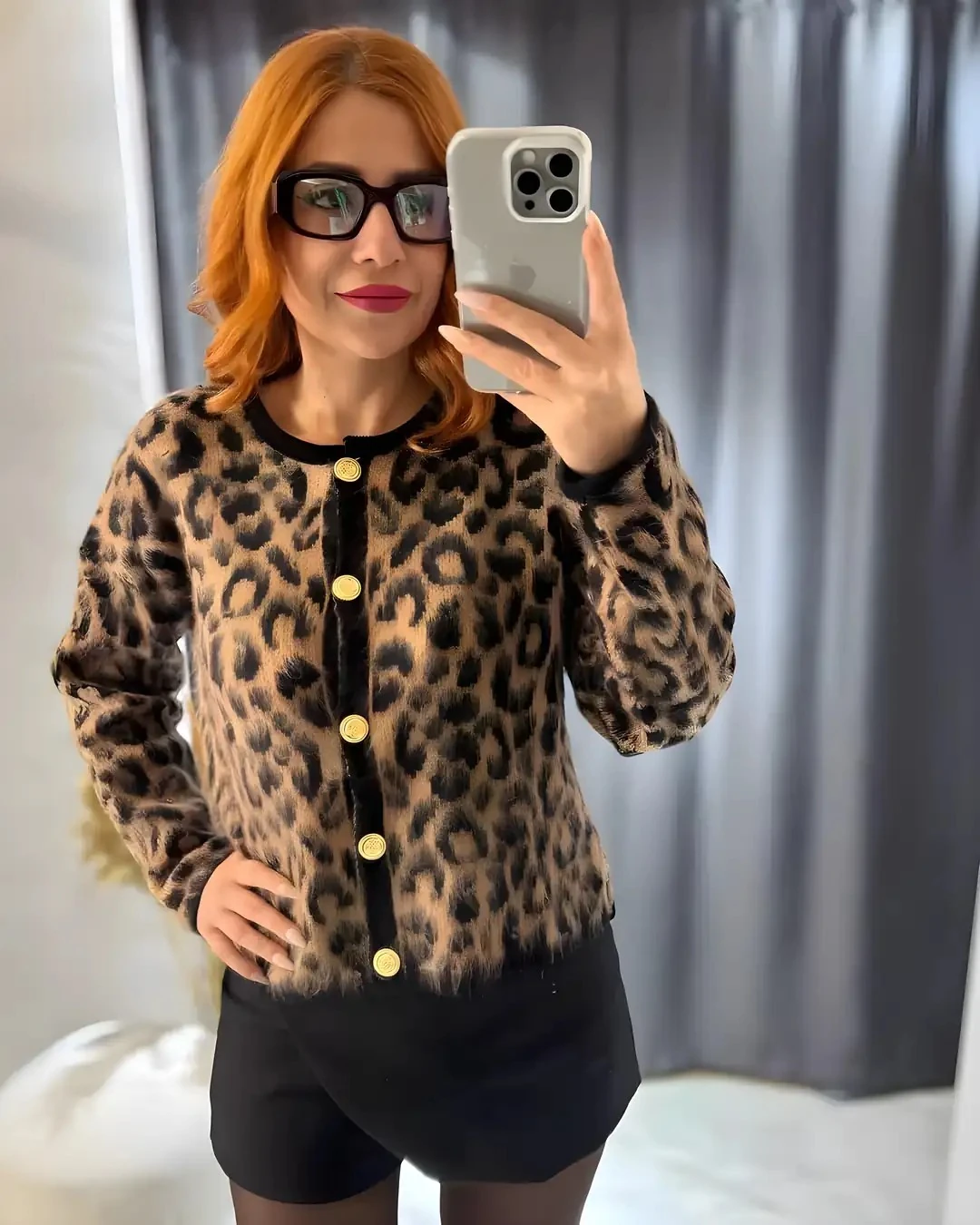 Leopar Desenli Düğmeli Triko Hırka