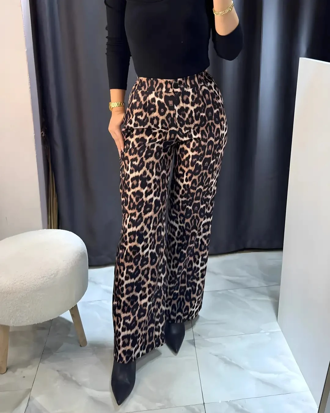 Leopar Desen Beli Lastikli Palazzo Pantolon