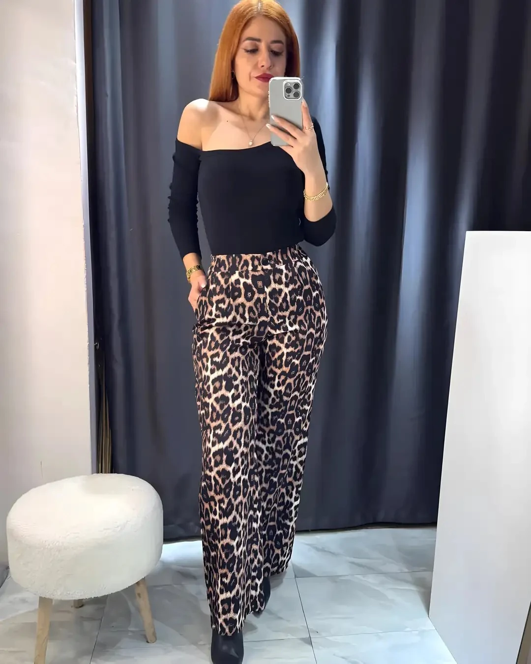 Leopar Desen Beli Lastikli Palazzo Pantolon