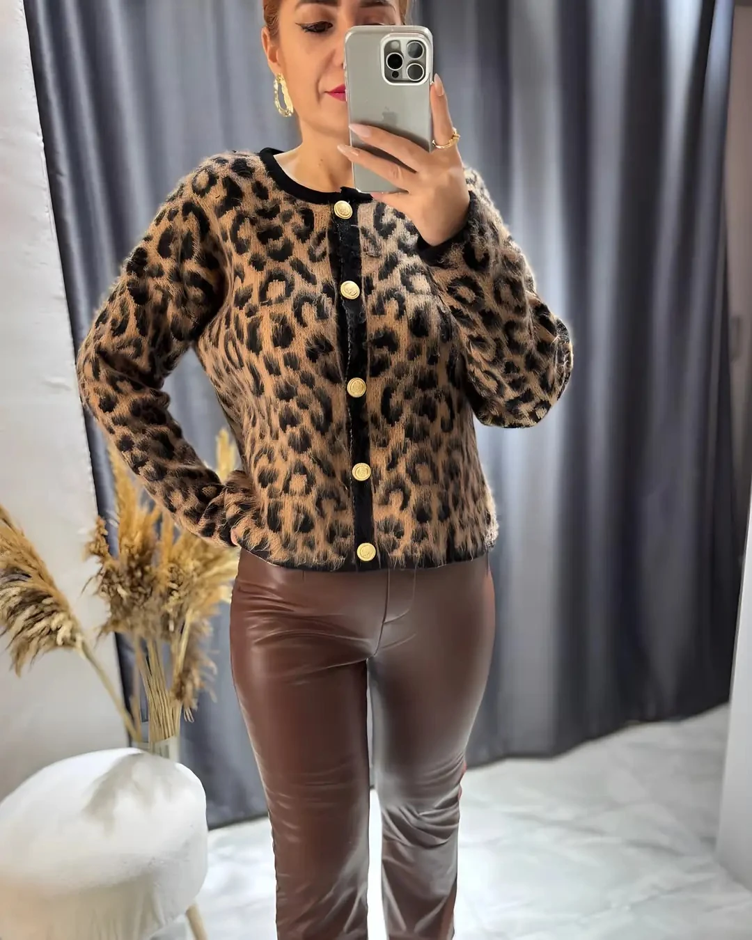 Deri Görünümlü İçi Şardonlu Yüksek Bel Pantolon - kahverengi