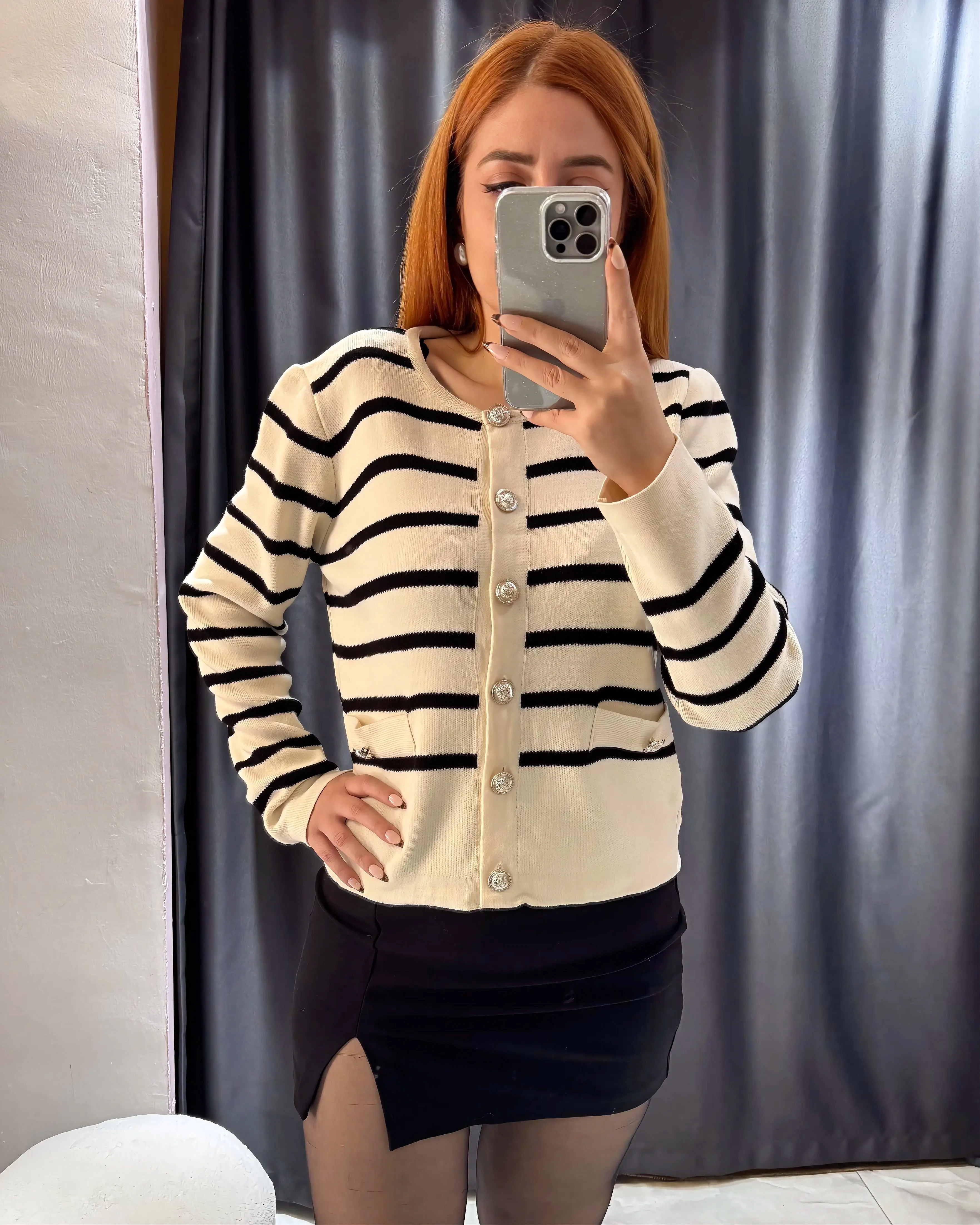 Çizgili Düğmeli Çelik Triko Hırka