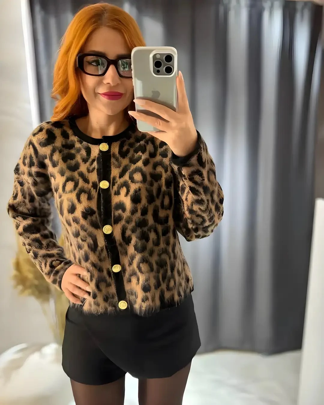 Leopar Desenli Düğmeli Triko Hırka