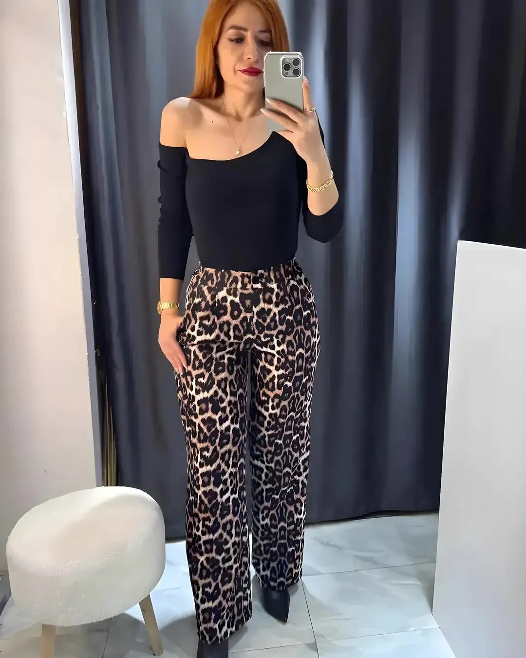 Leopar Desen Beli Lastikli Palazzo Pantolon