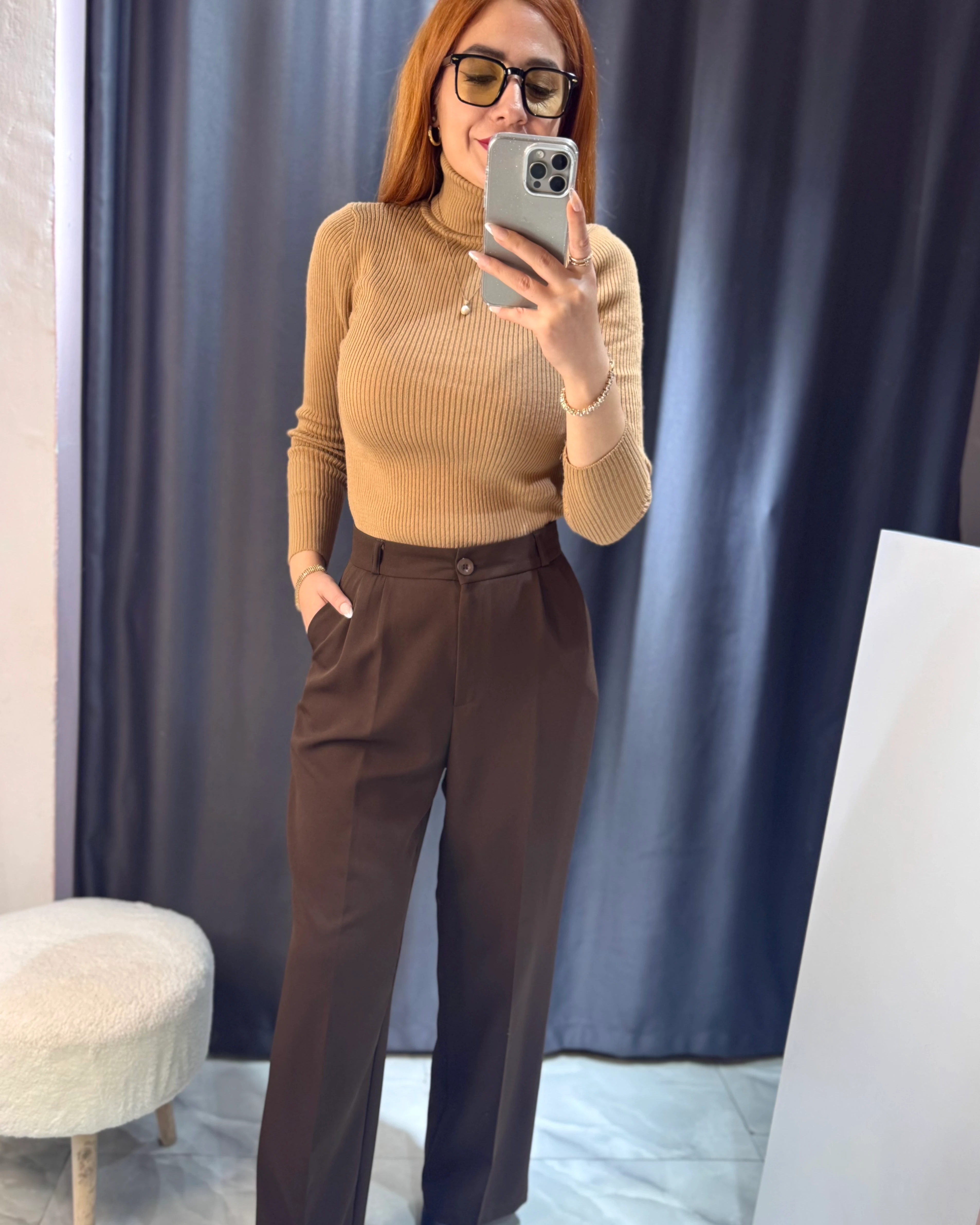 Kahverengi Beli Lastikli Palazzo Pantolon