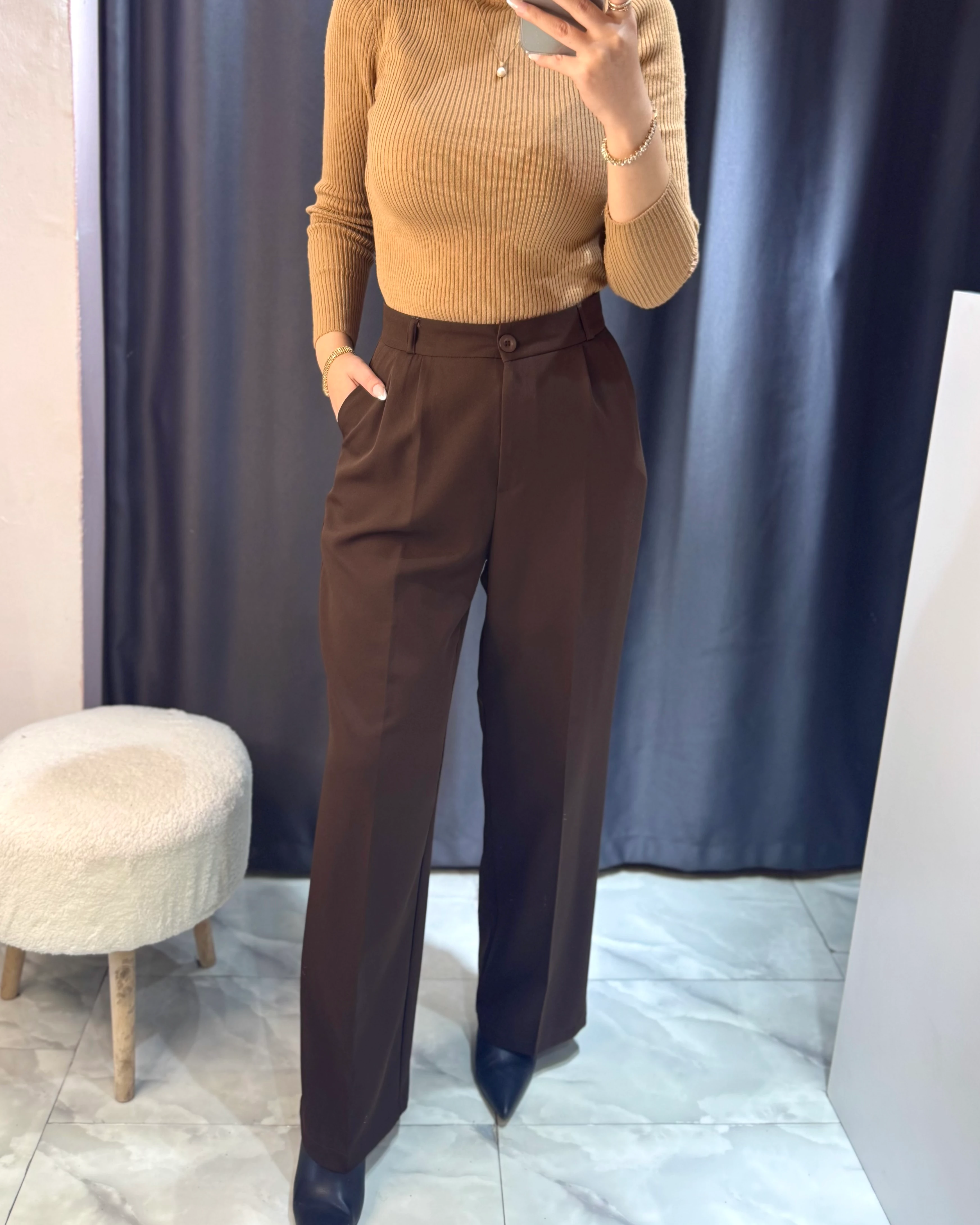 Kahverengi Beli Lastikli Palazzo Pantolon