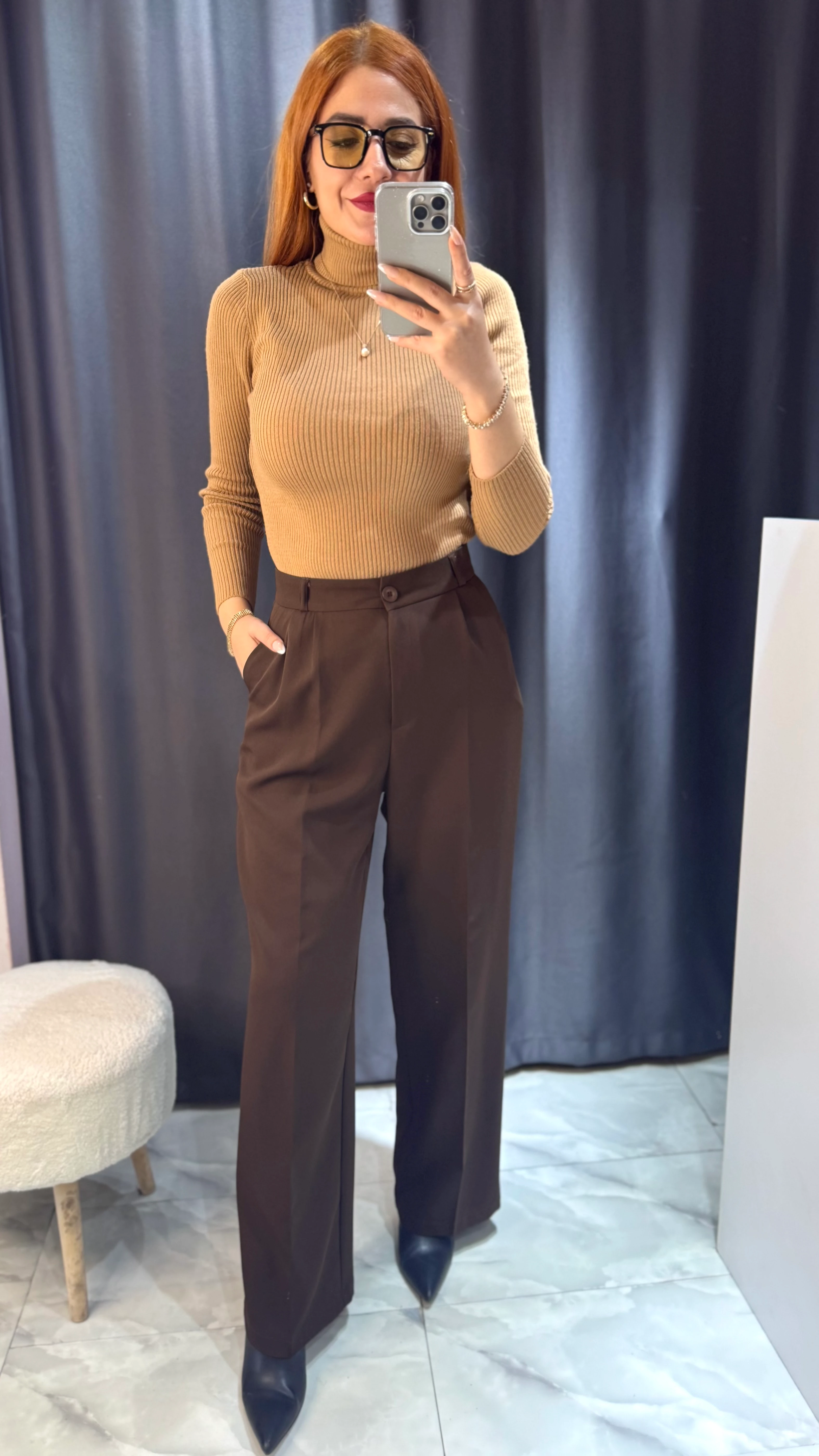 Yüksek Bel Palazzo Pantolon - kahverengi