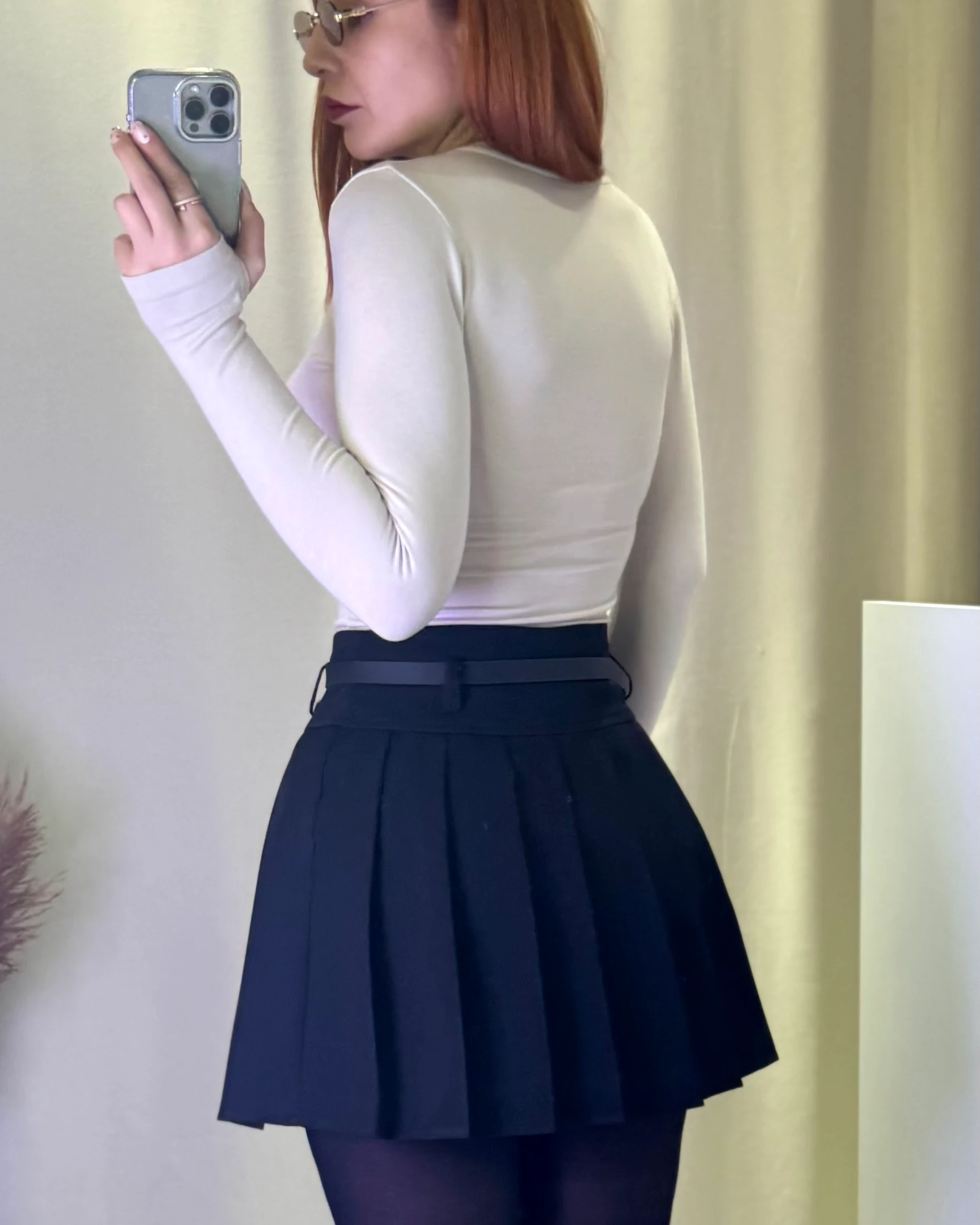 Full Pilili Kemerli Astarı Şortlu Mini Etek