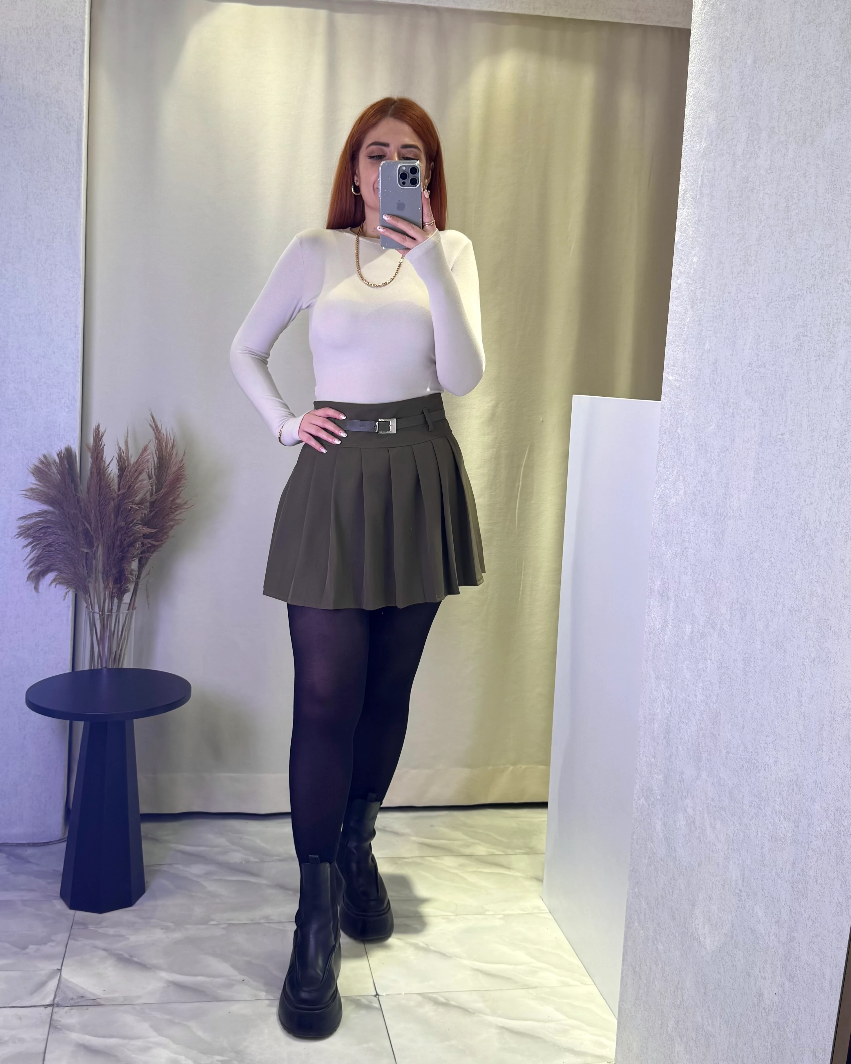 Full Pilili Kemerli Astarı Şortlu Mini Etek - haki yeşili