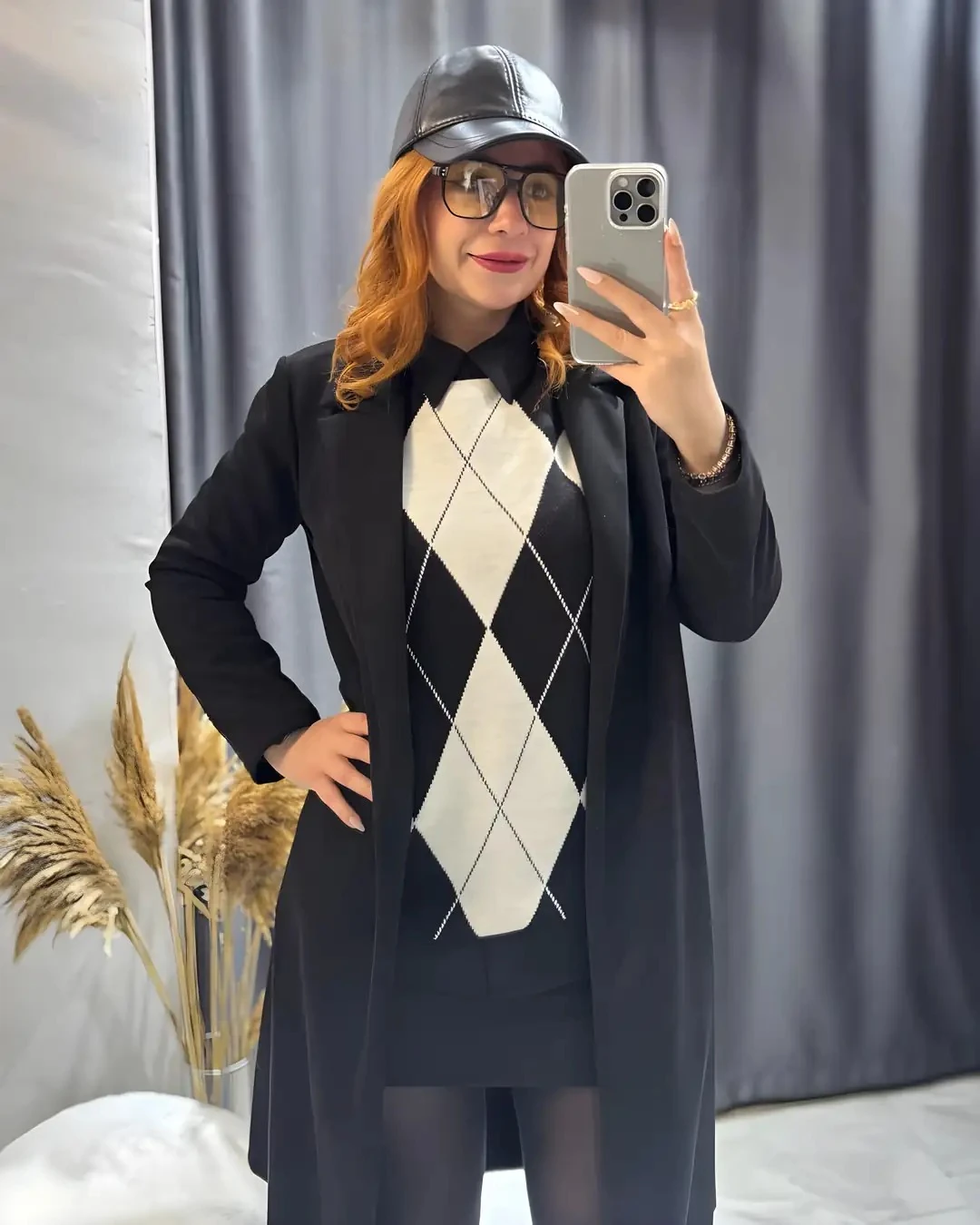 Baklava Desenli Triko Kazak  - siyah