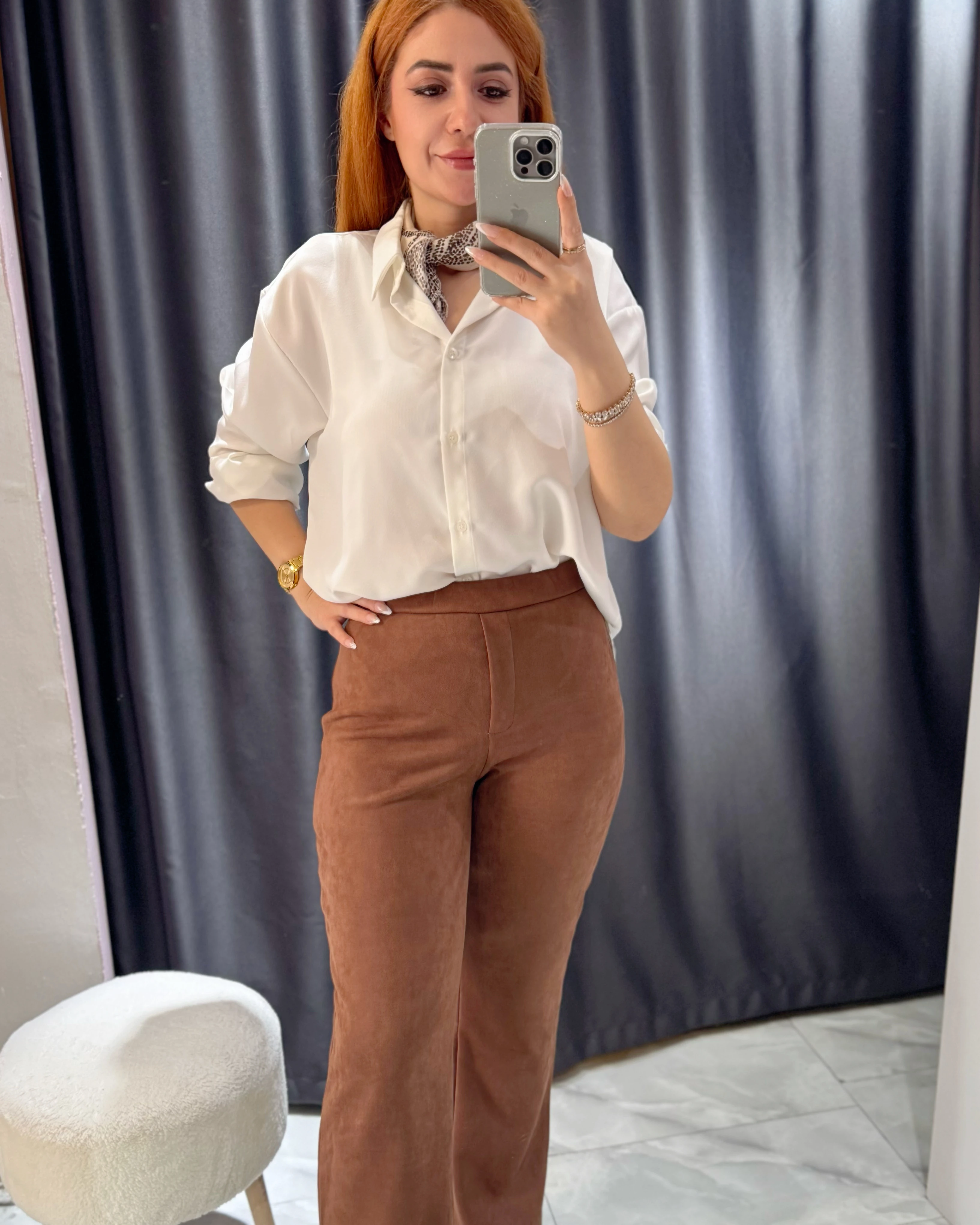 Kahverengi Süet Yandan Fermuarlı Pantolon