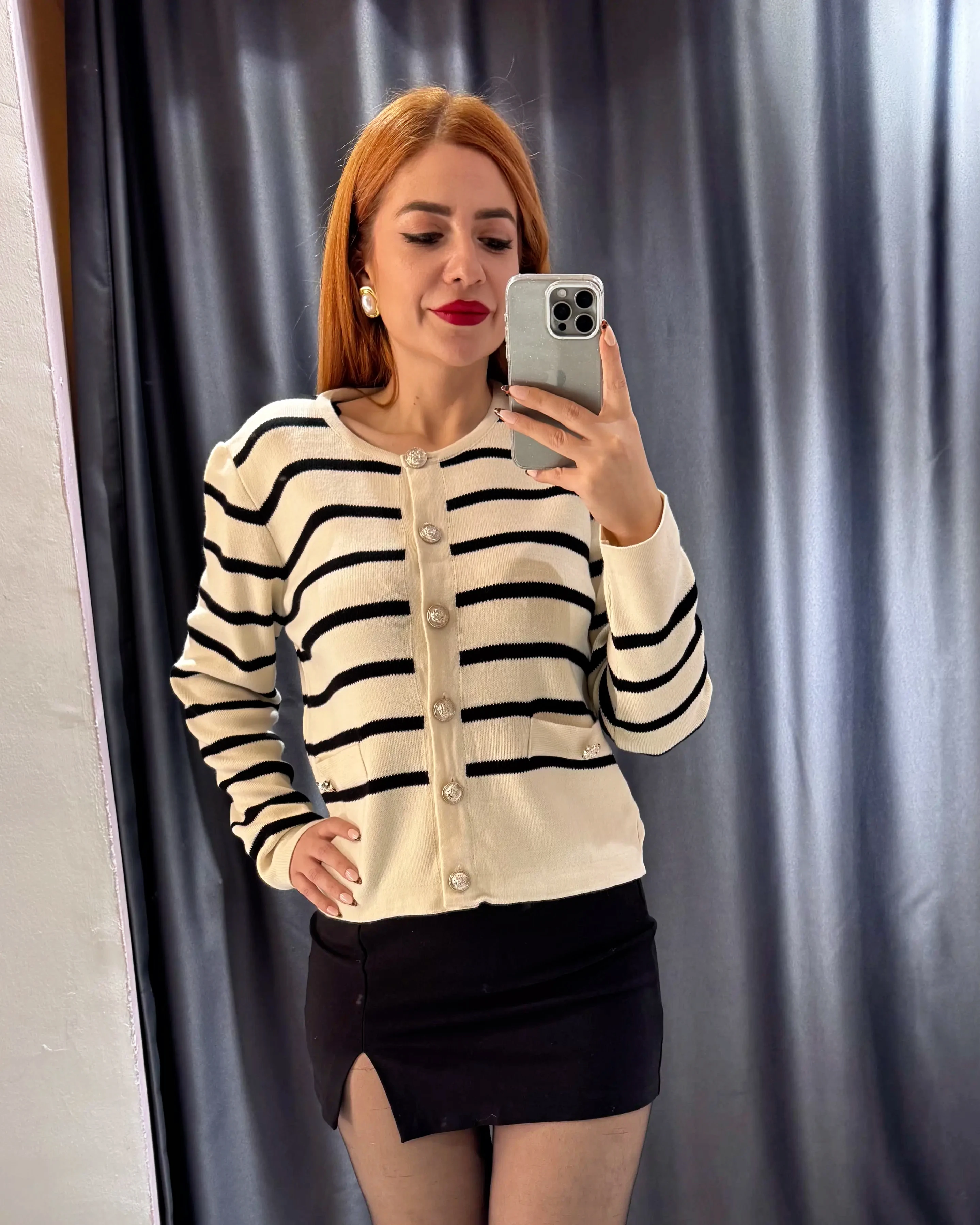 Çizgili Düğmeli Çelik Triko Hırka