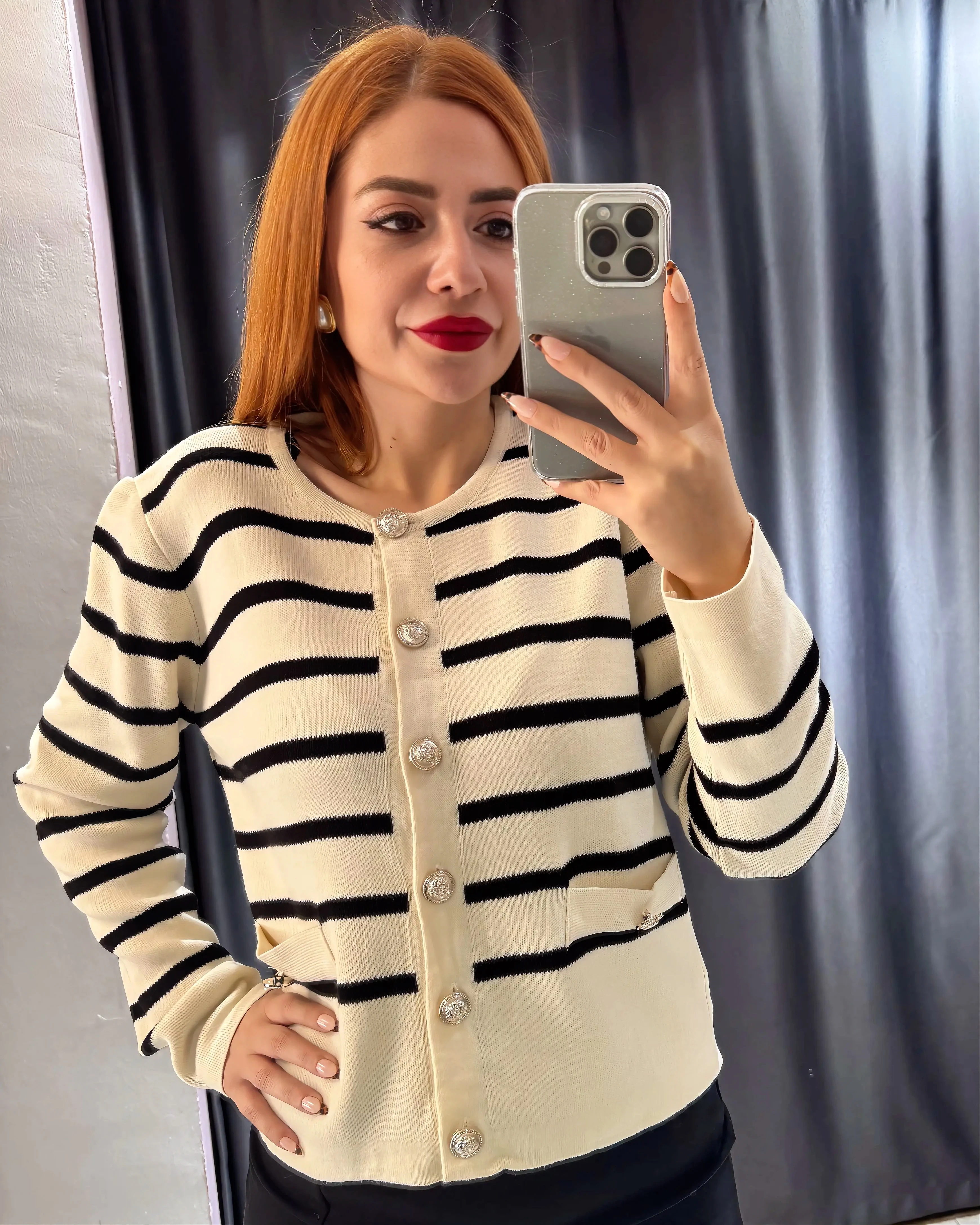 Çizgili Düğmeli Çelik Triko Hırka