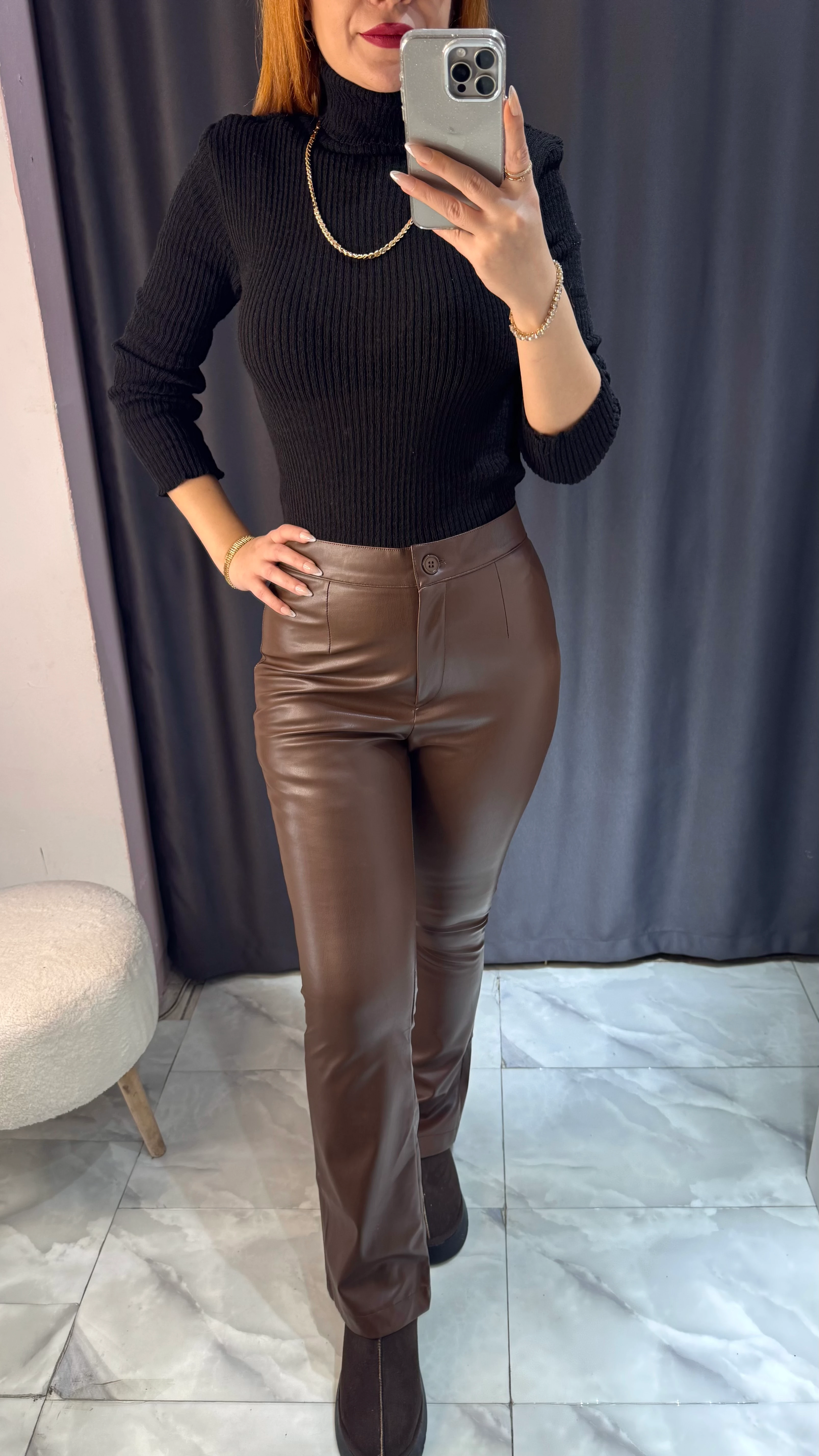 İçi Şardonlu Deri Görünümlü İspanyol Paça Pantolon