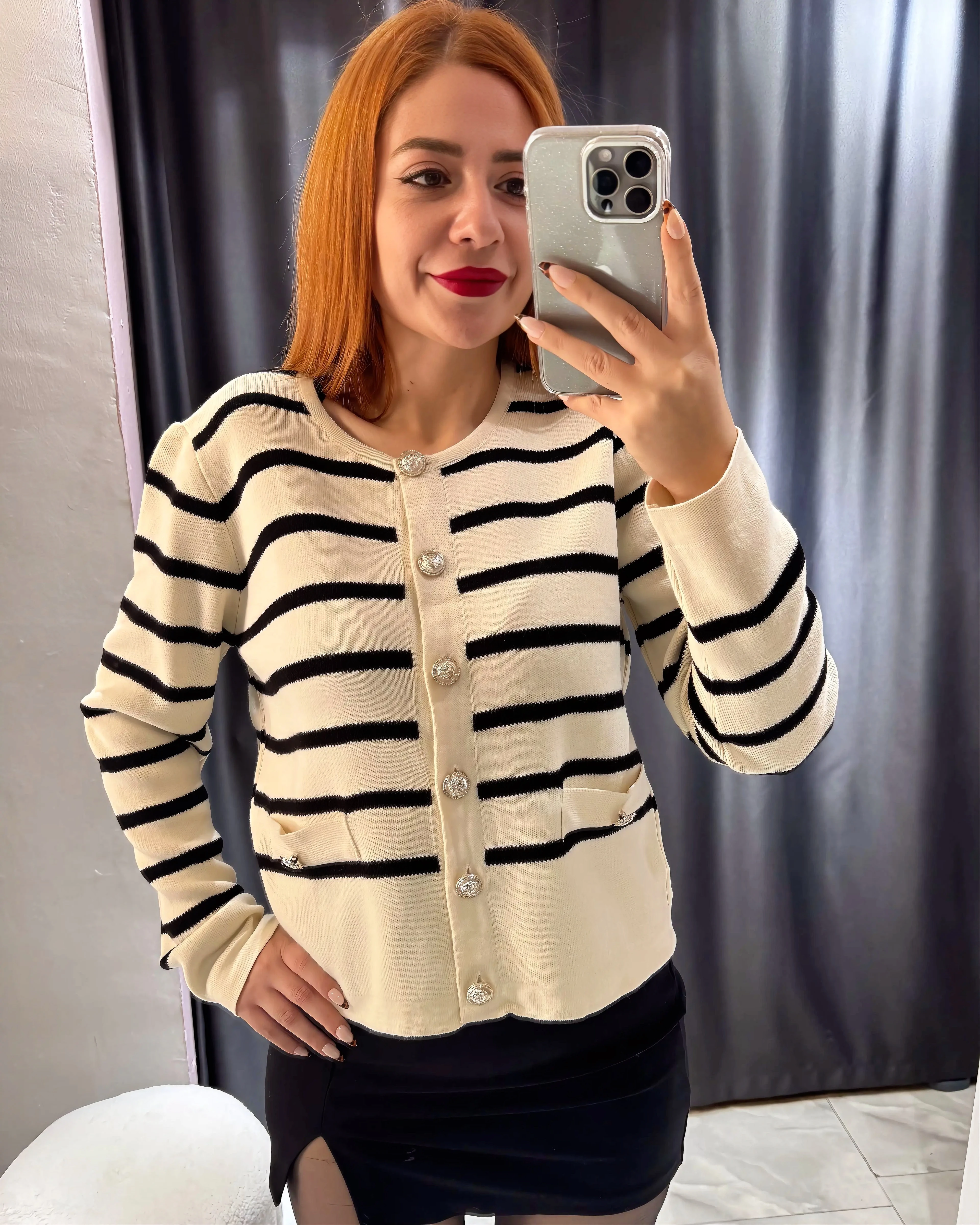 Çizgili Düğmeli Çelik Triko Hırka