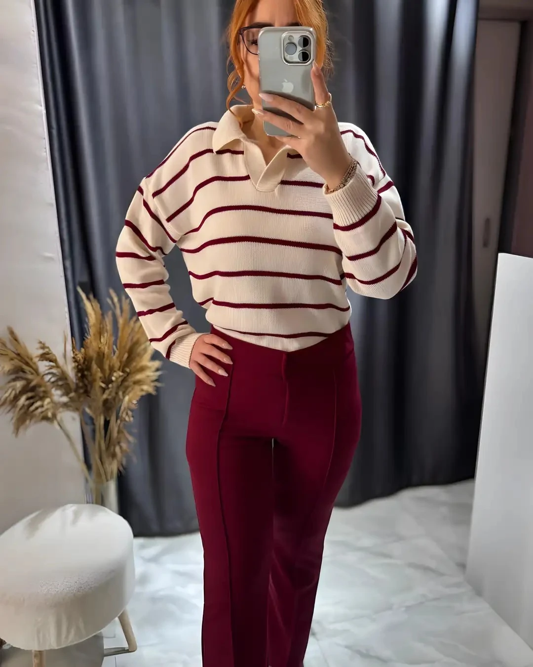 Bordo Crep Çimalı Yüksek Bel Pantolon