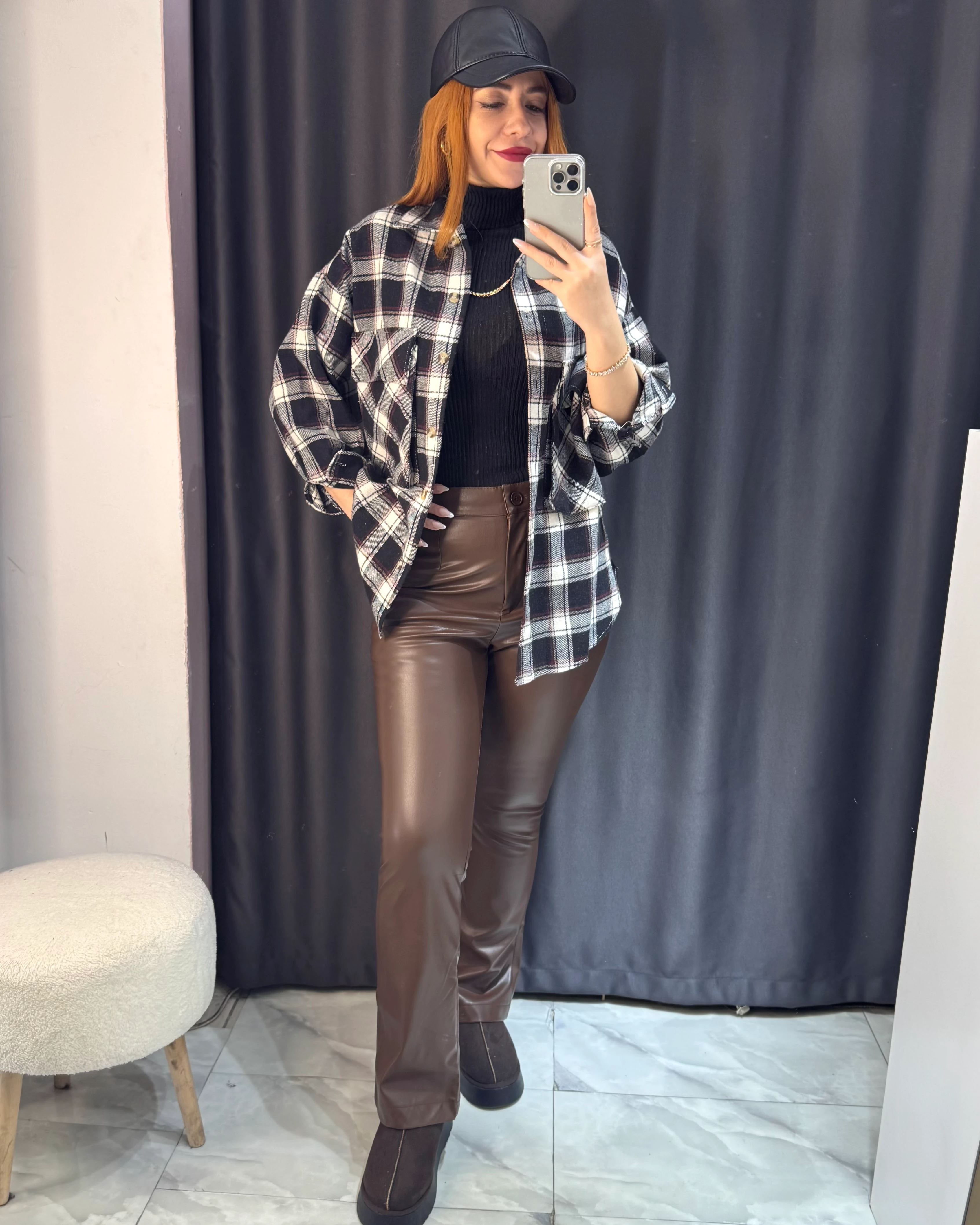 Ekose Oversize Gömlek Ceket - siyah