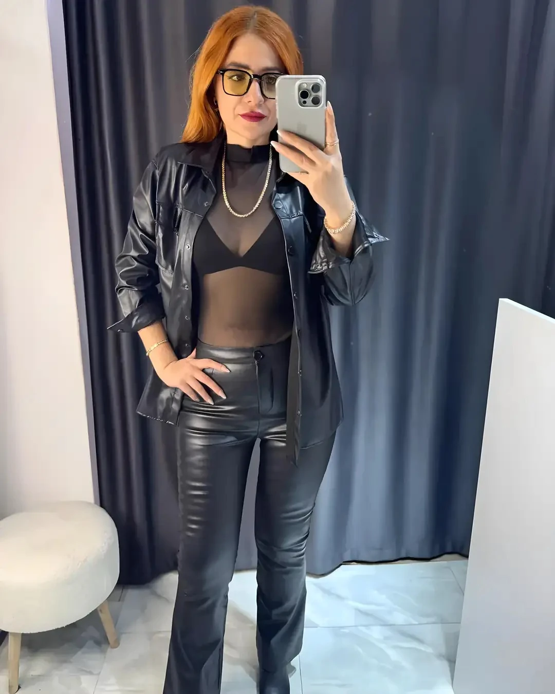 İçi Şardonlu Deri Dokulu Oversize Gömlek