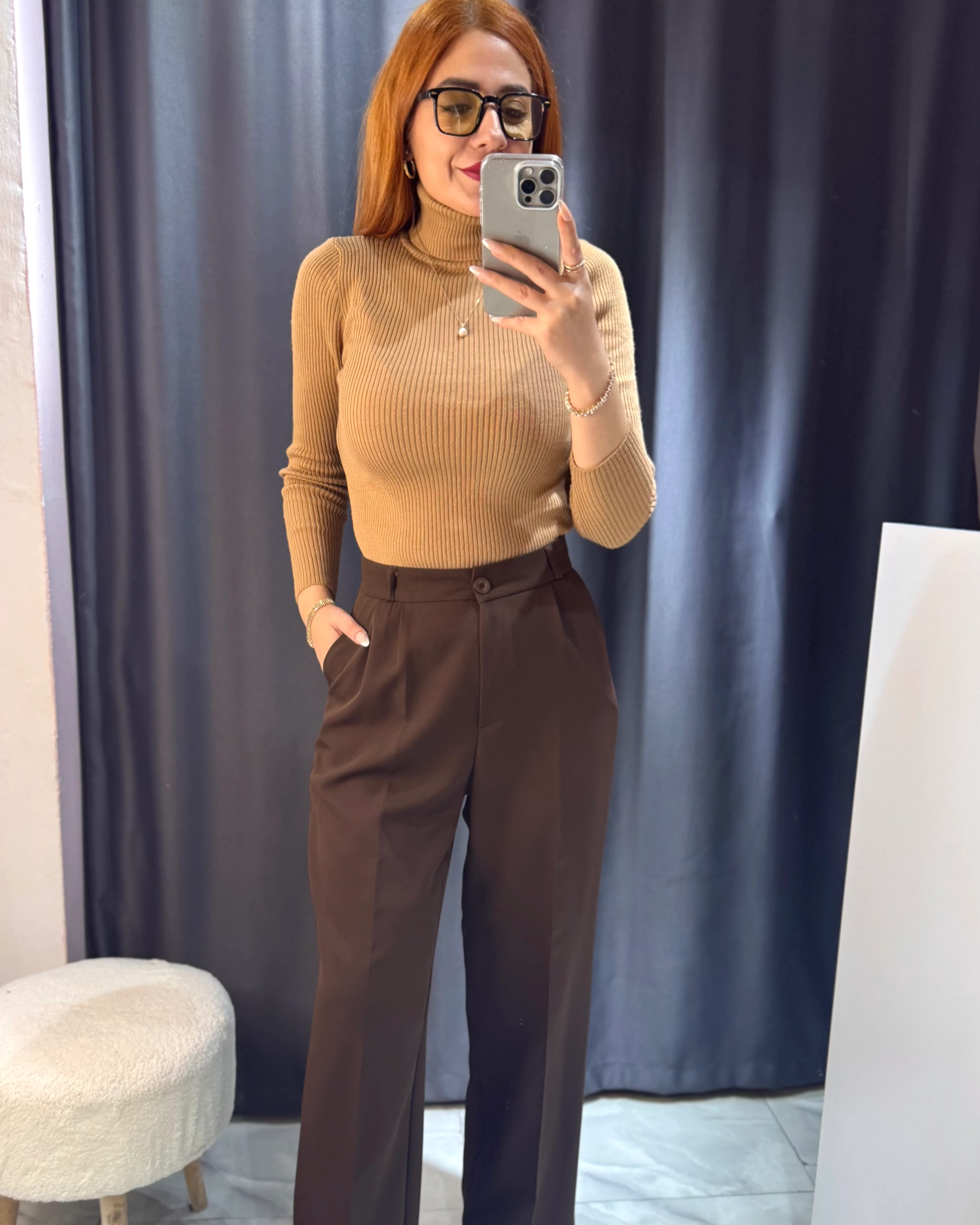 Kahverengi Beli Lastikli Palazzo Pantolon