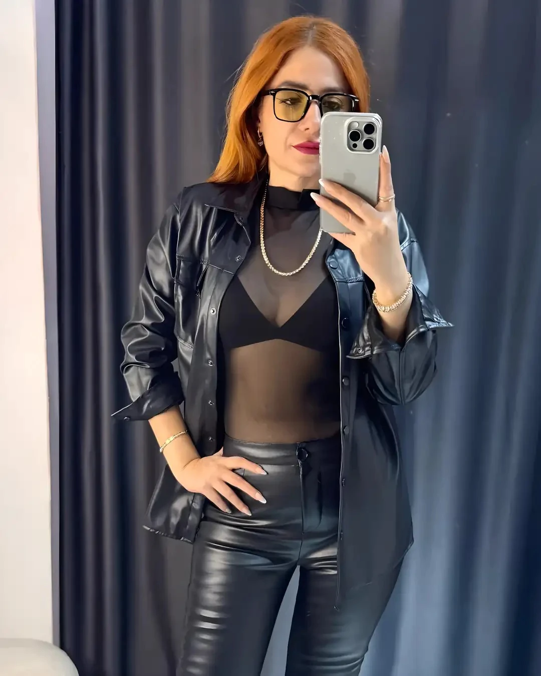 İçi Şardonlu Deri Dokulu Oversize Gömlek