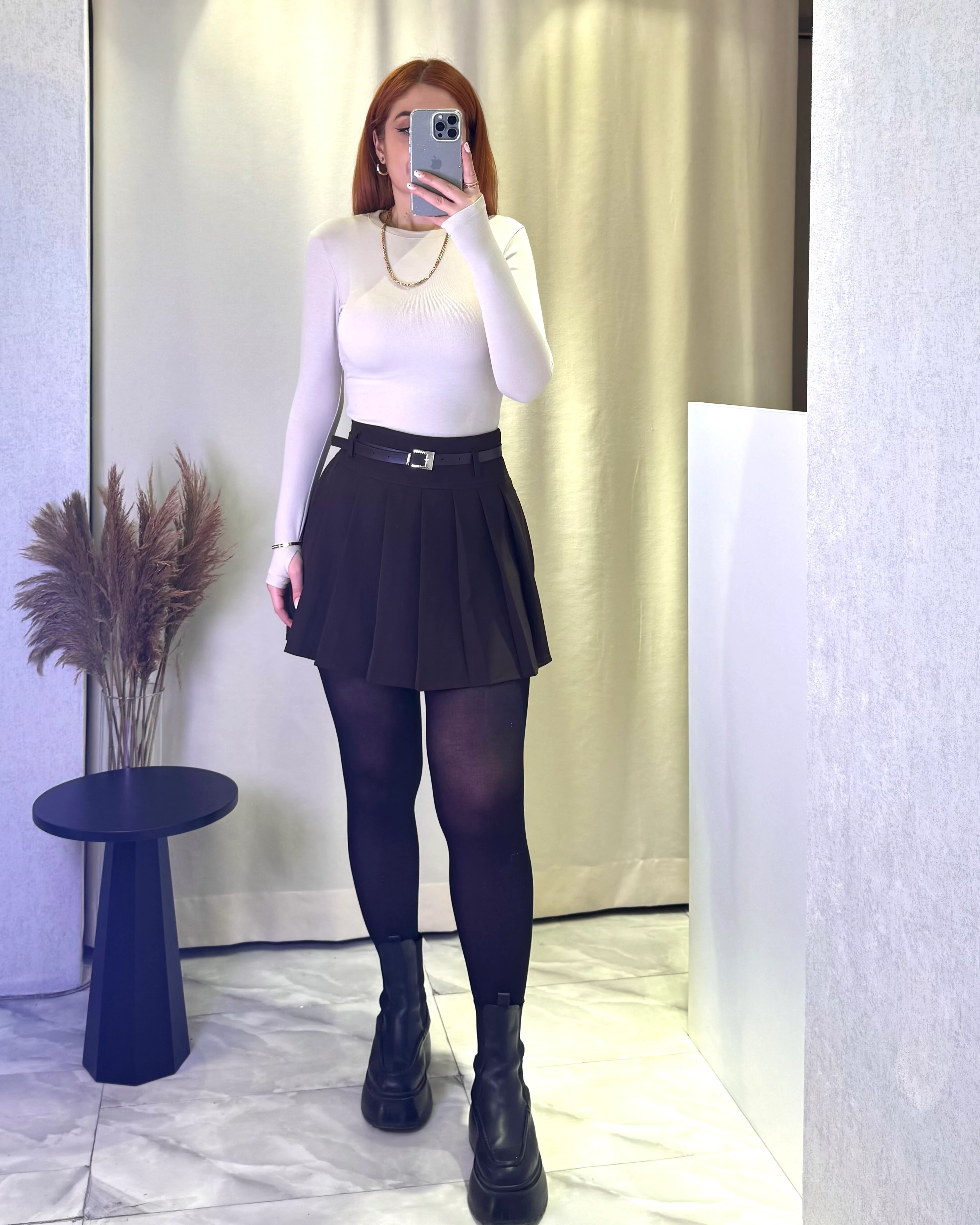 Full Pilili Kemerli Astarı Şortlu Mini Etek - kahverengi