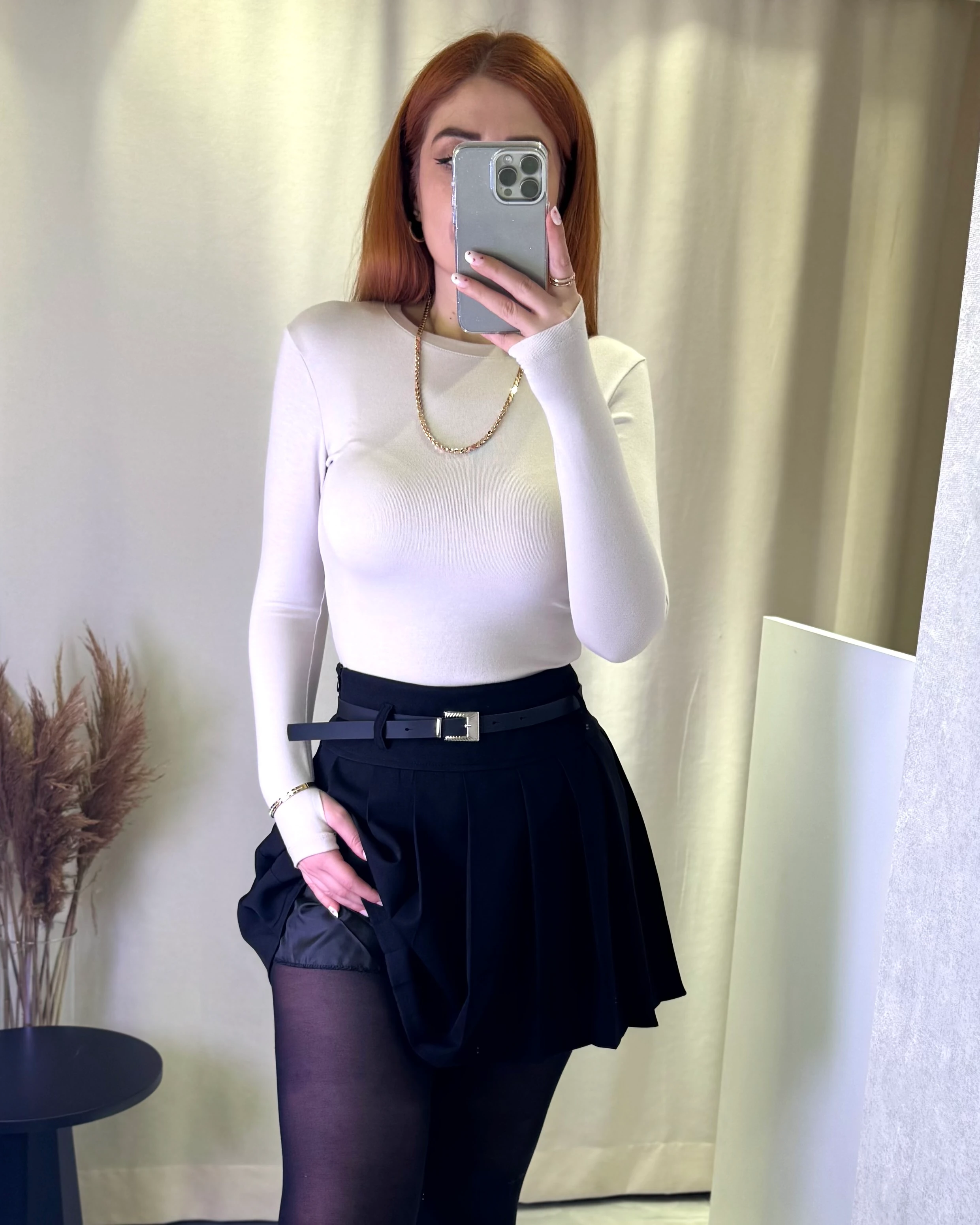 Full Pilili Kemerli Astarı Şortlu Mini Etek