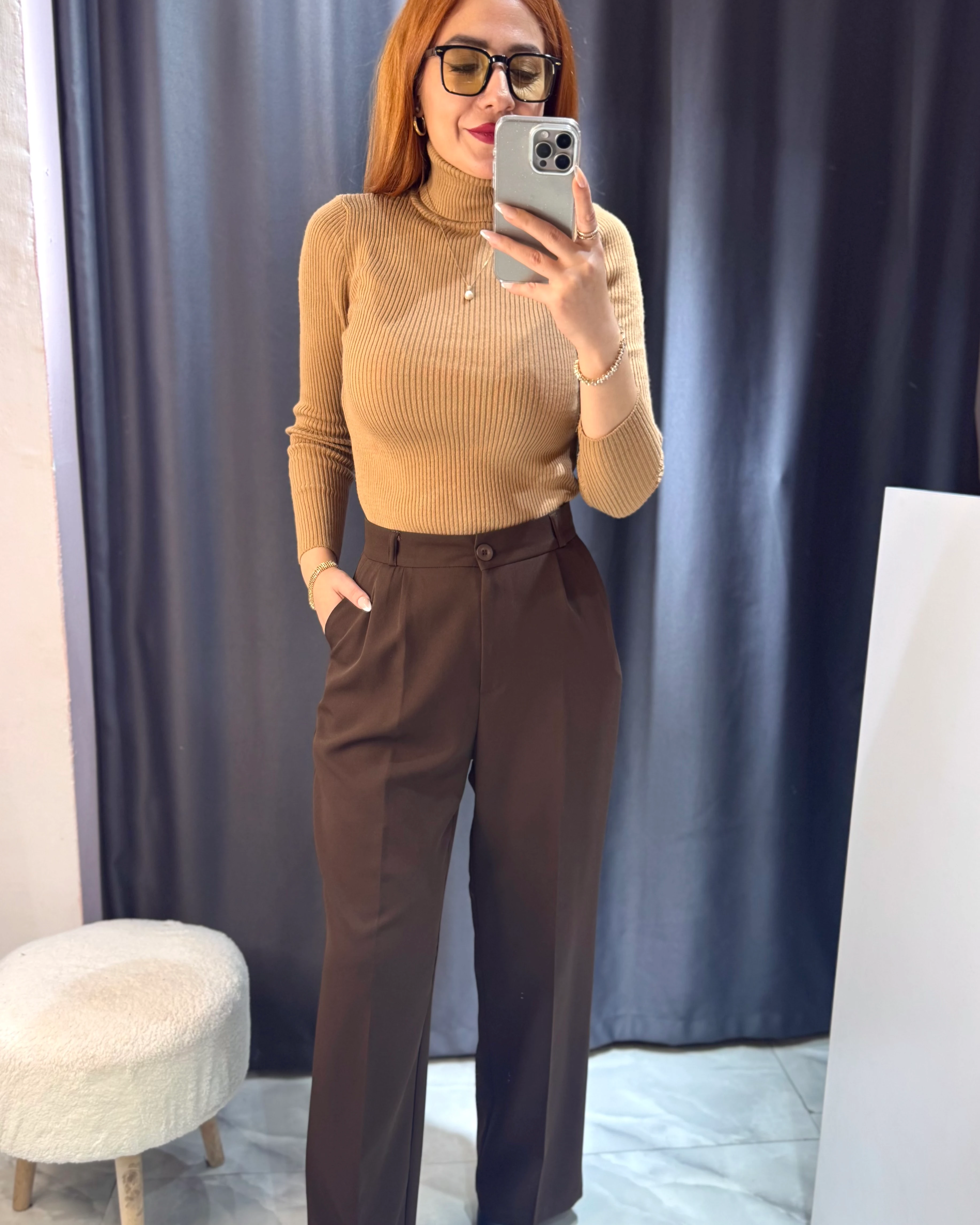 Kahverengi Beli Lastikli Palazzo Pantolon