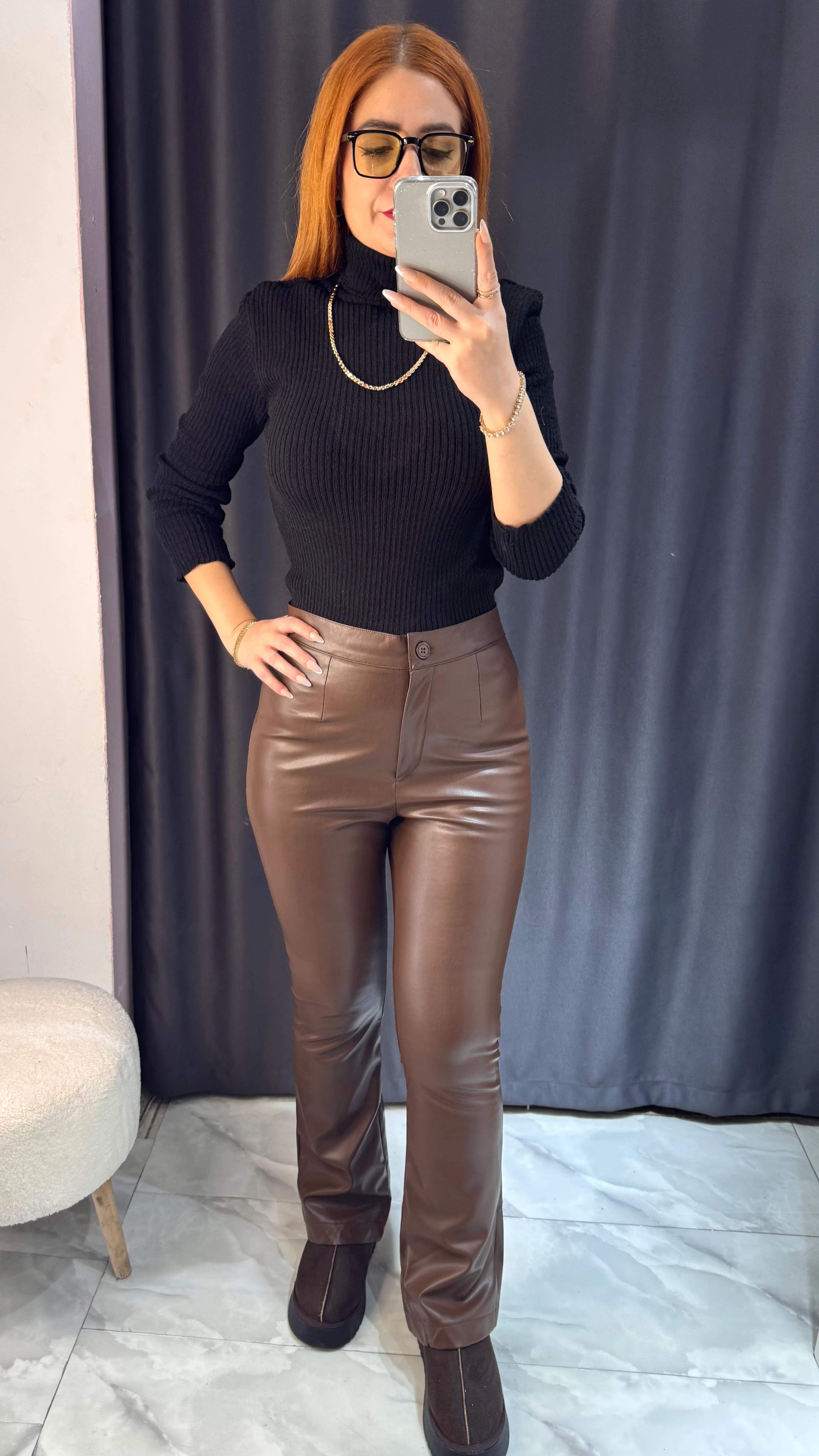 İçi Şardonlu Deri Görünümlü İspanyol Paça Pantolon