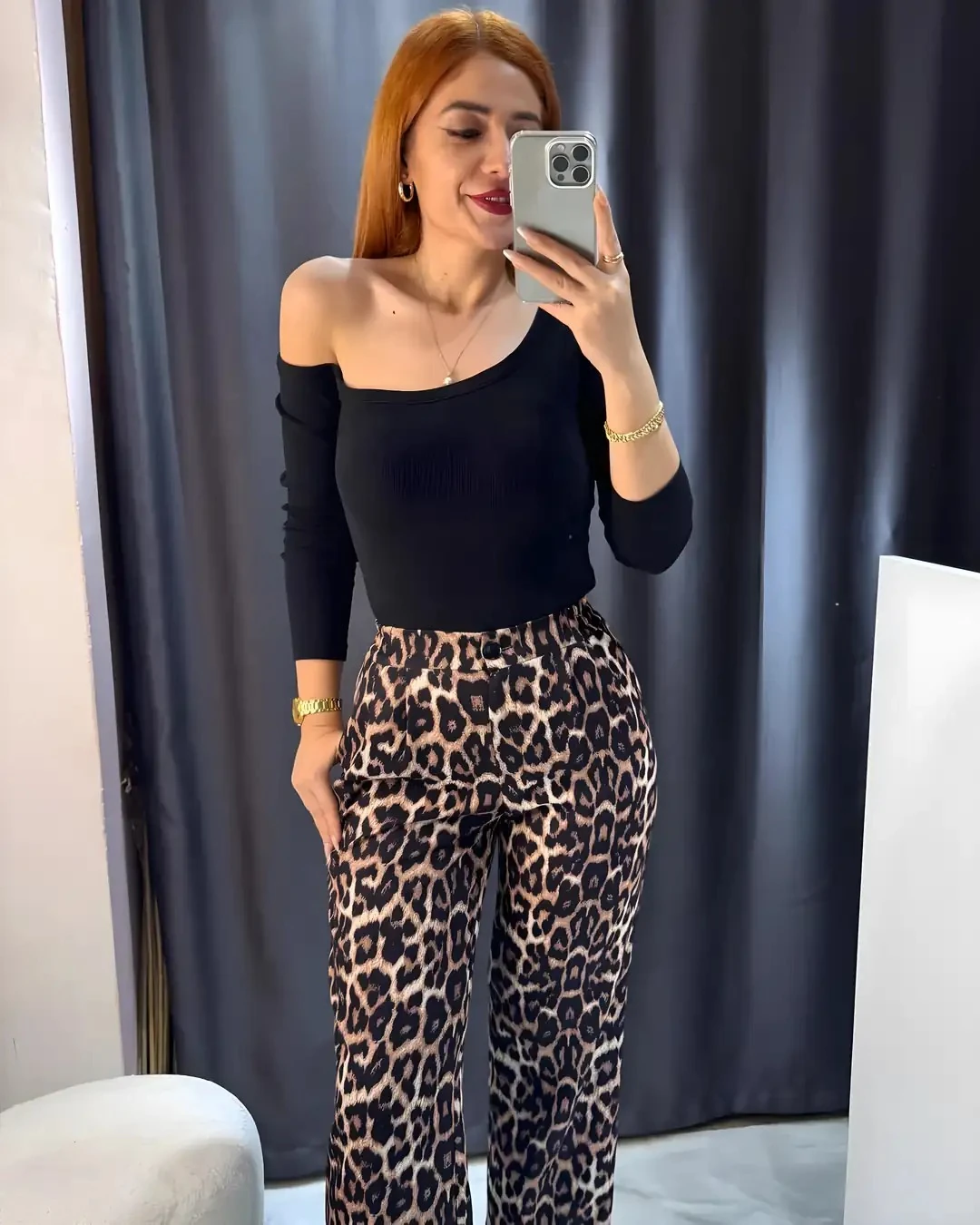 Leopar Desen Beli Lastikli Palazzo Pantolon