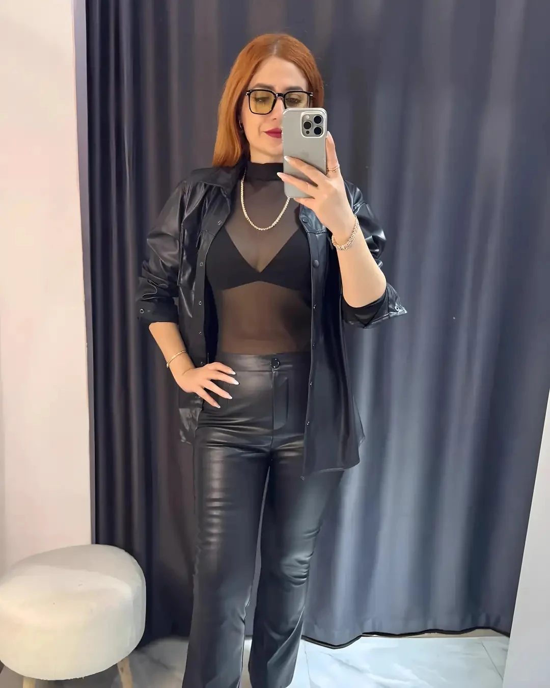 İçi Şardonlu Deri Dokulu Oversize Gömlek